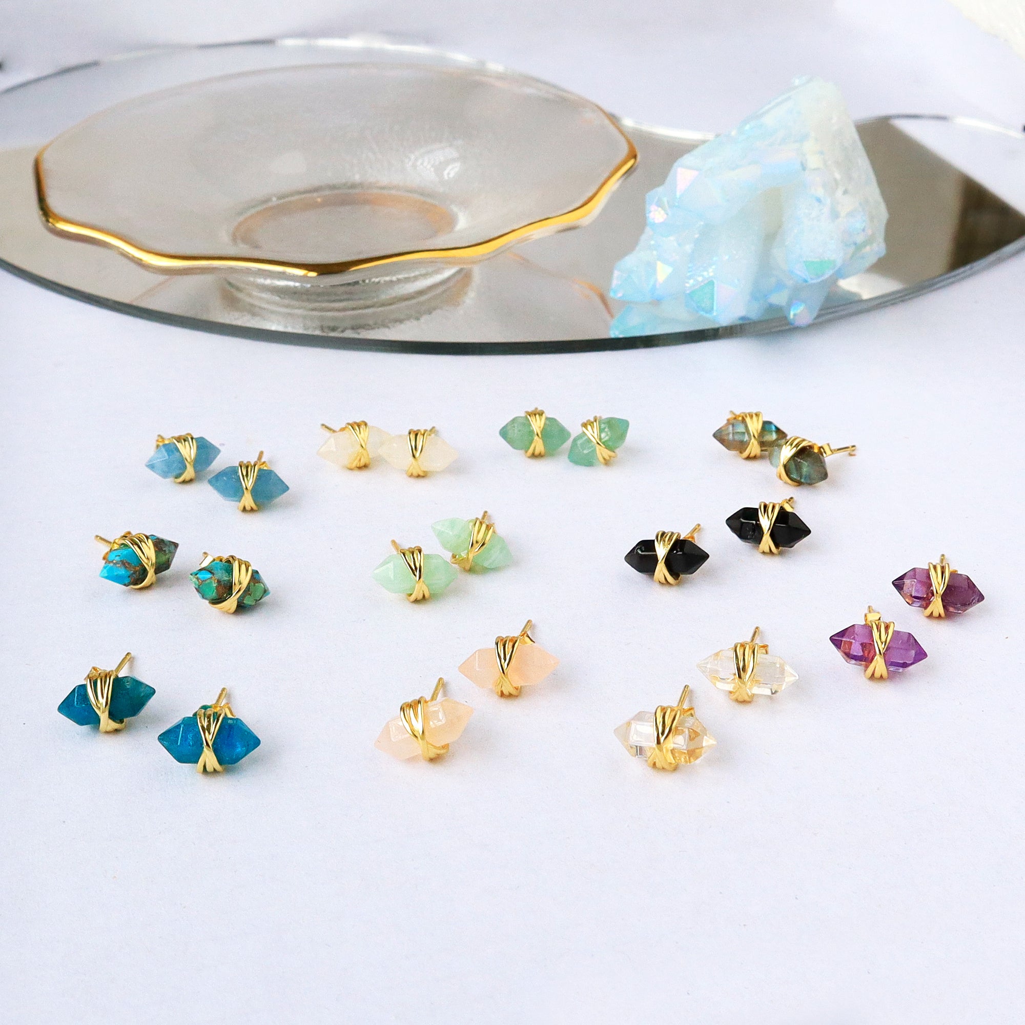 Gold Plated Hexagon Point Birthstone Stud Earrings, Tiny Natural Gemstone Earrings, Healing Crystal Post Earrings Jewelry BT001