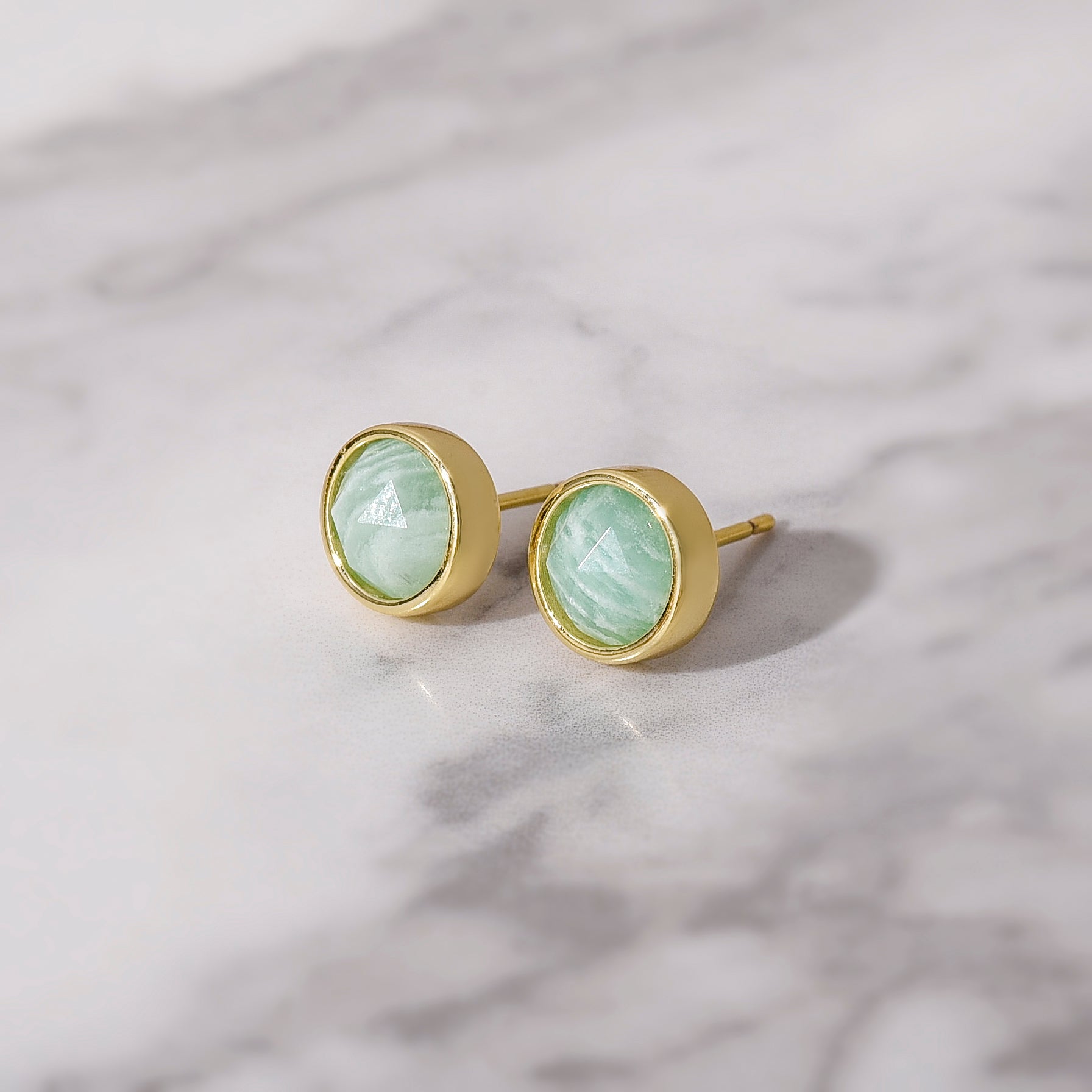 Gold Plated Round Faceted Gemstone Stud Earrings, Healing Crystal Stone Studs, Birthstone Earrings Jewelry BT024