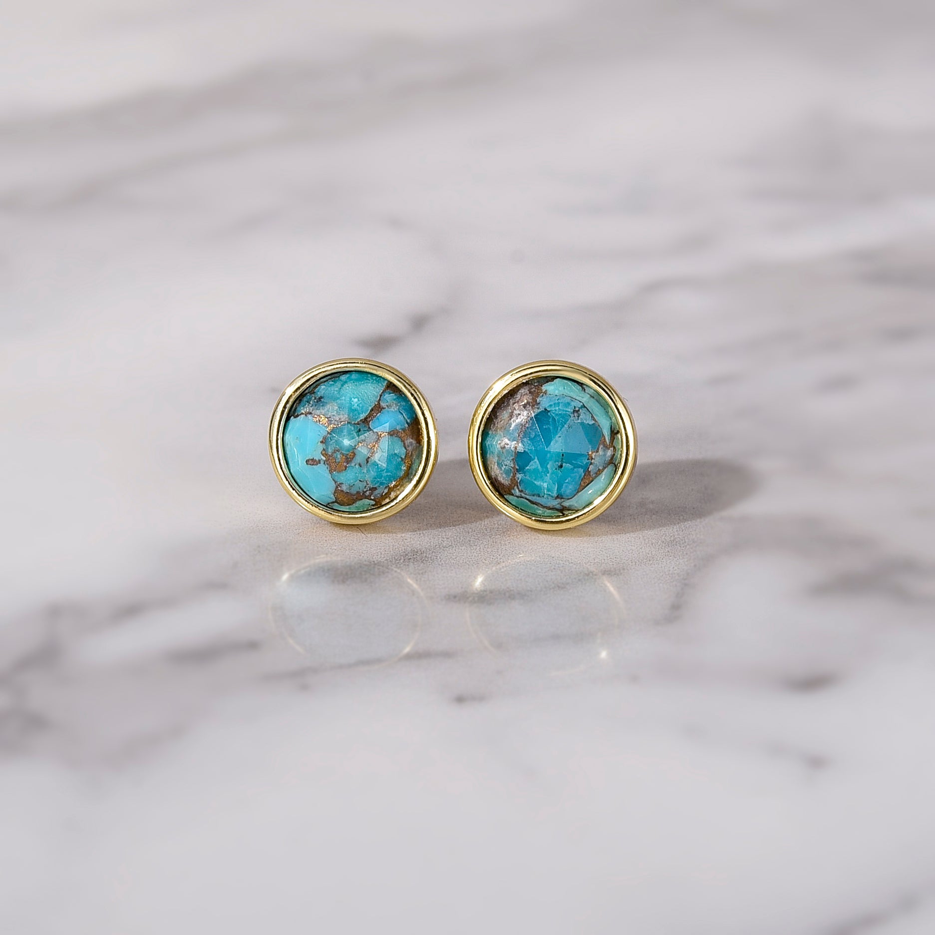 Gold Plated Round Faceted Gemstone Stud Earrings, Healing Crystal Stone Studs, Birthstone Earrings Jewelry BT024