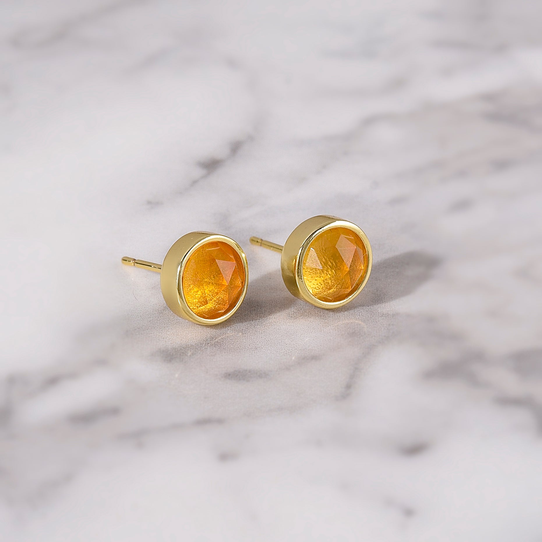 Gold Plated Round Faceted Gemstone Stud Earrings, Healing Crystal Stone Studs, Birthstone Earrings Jewelry BT024