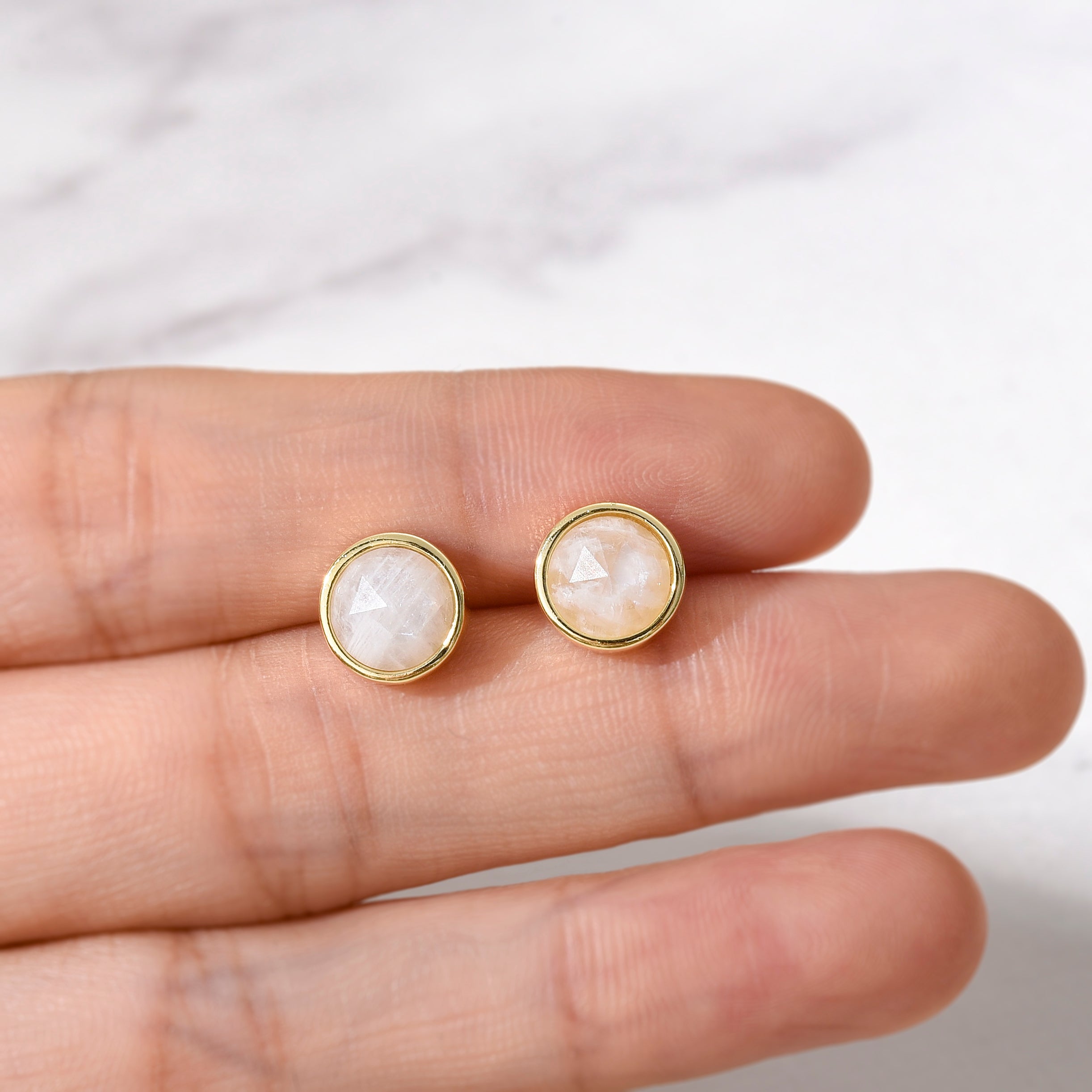 Gold Plated Round Faceted Gemstone Stud Earrings, Healing Crystal Stone Studs, Birthstone Earrings Jewelry BT024