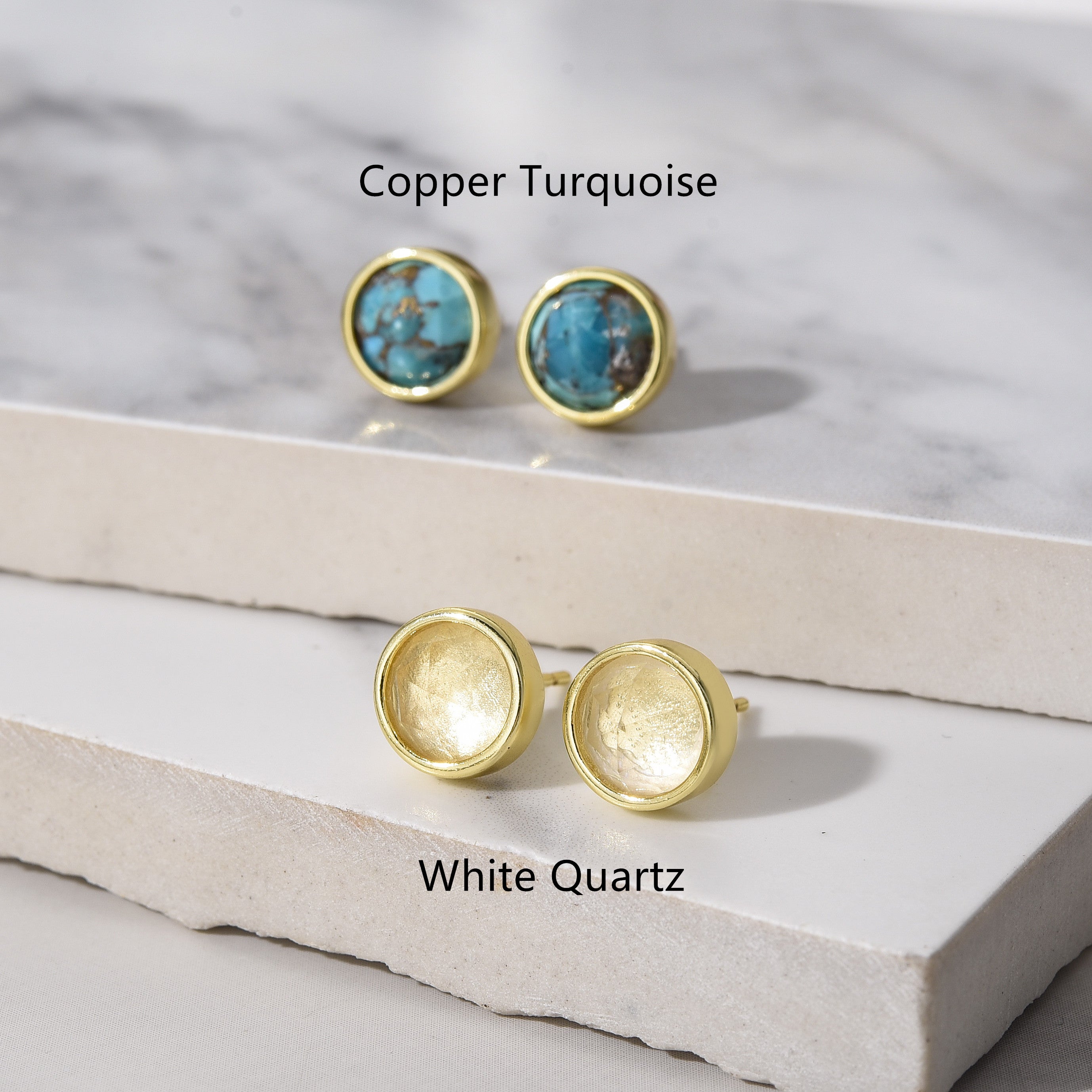 Gold Plated Round Faceted Gemstone Stud Earrings, Healing Crystal Stone Studs, Birthstone Earrings Jewelry BT024