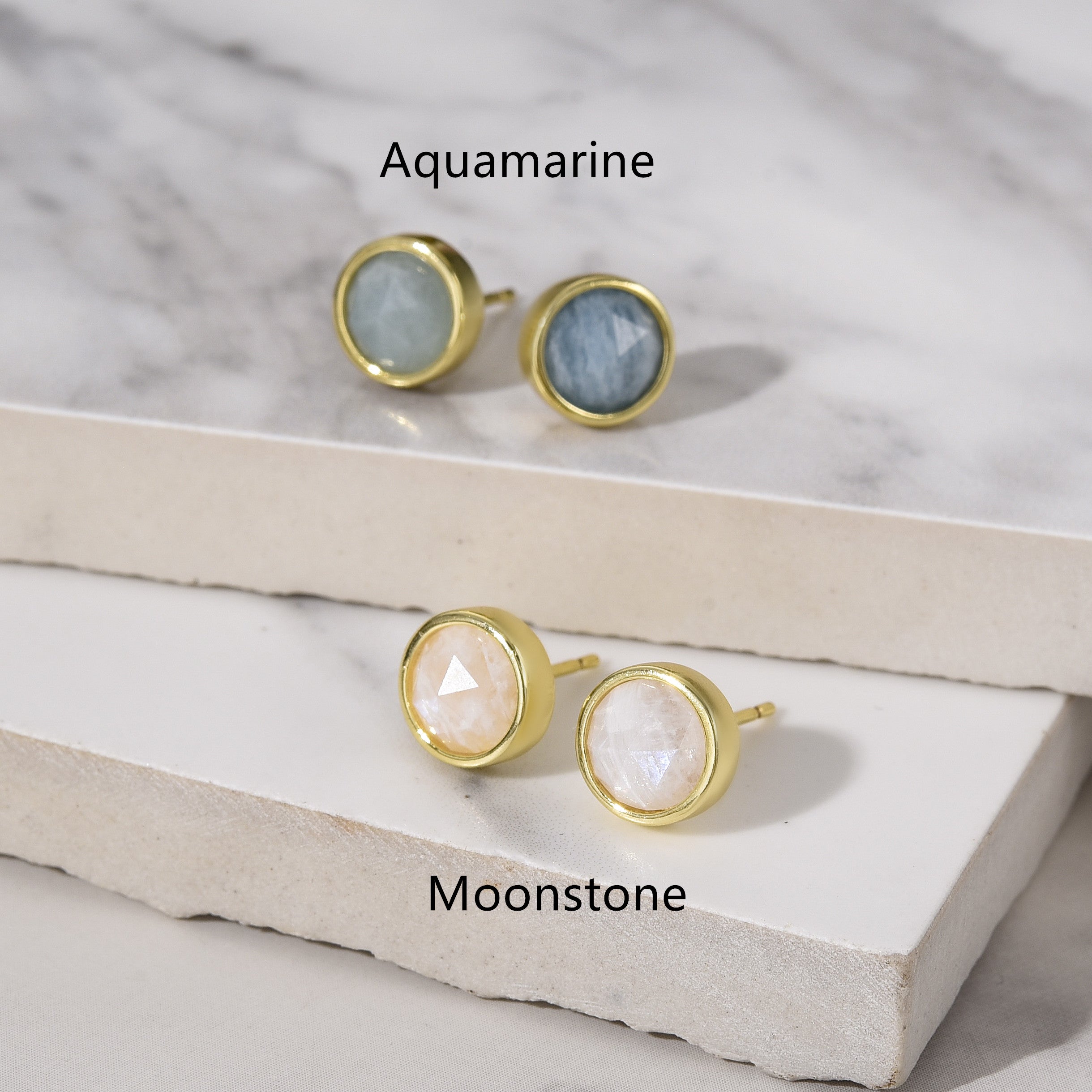 Gold Plated Round Faceted Gemstone Stud Earrings, Healing Crystal Stone Studs, Birthstone Earrings Jewelry BT024