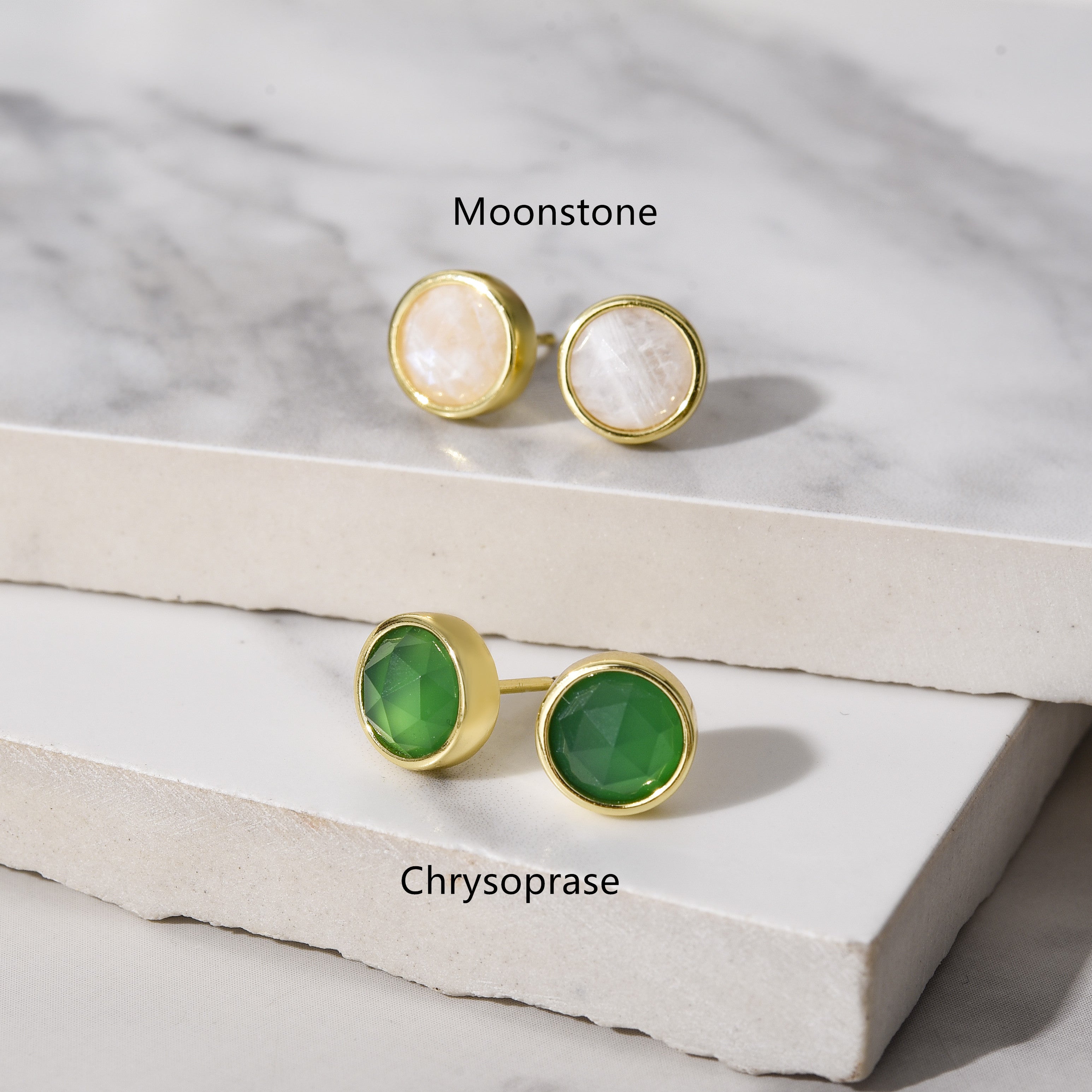 Gold Plated Round Faceted Gemstone Stud Earrings, Healing Crystal Stone Studs, Birthstone Earrings Jewelry BT024