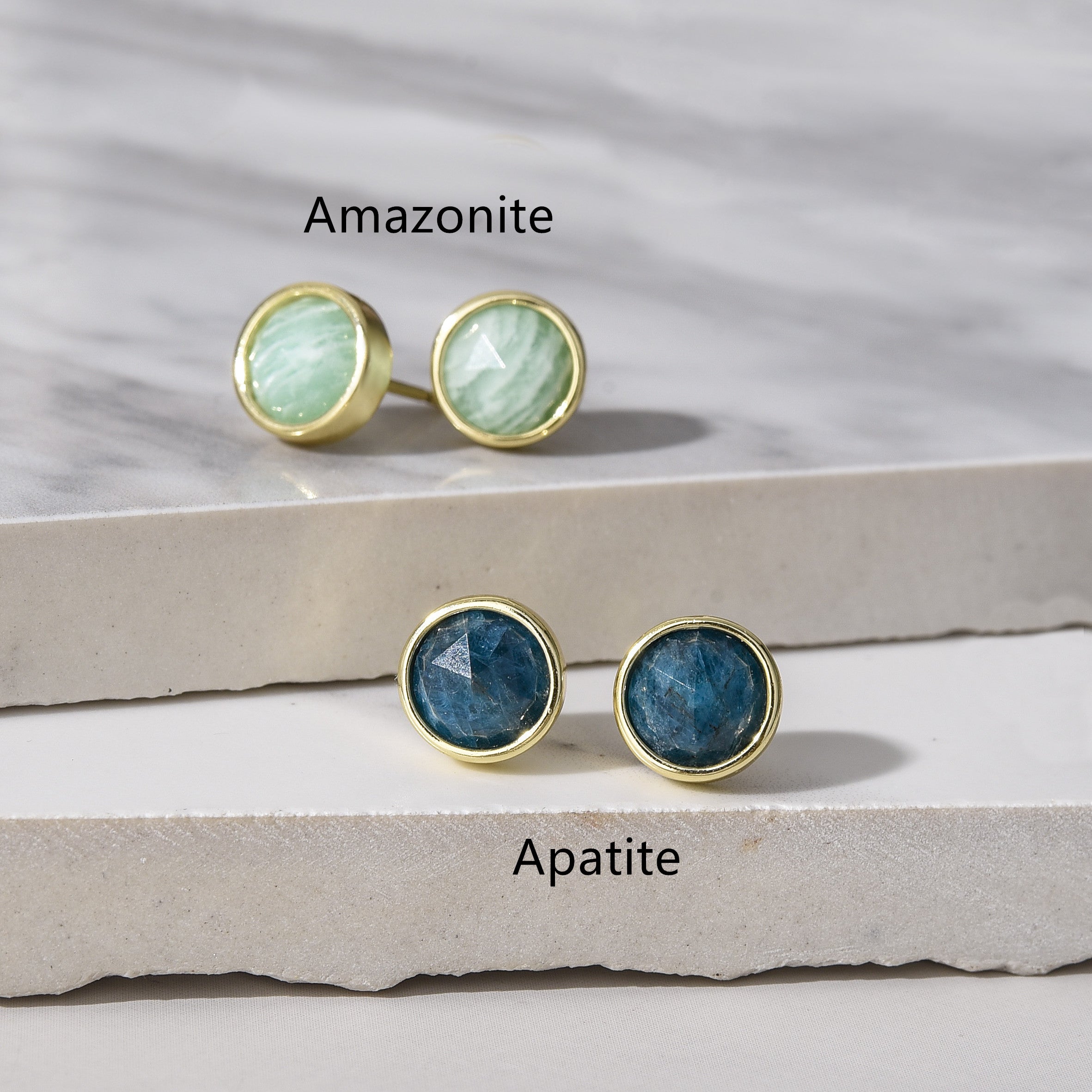 Gold Plated Round Faceted Gemstone Stud Earrings, Healing Crystal Stone Studs, Birthstone Earrings Jewelry BT024
