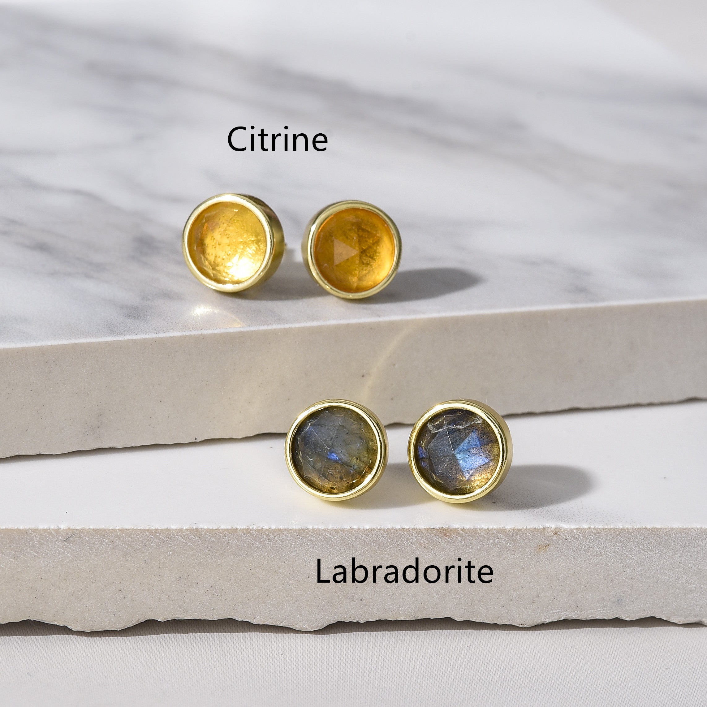 Gold Plated Round Faceted Gemstone Stud Earrings, Healing Crystal Stone Studs, Birthstone Earrings Jewelry BT024