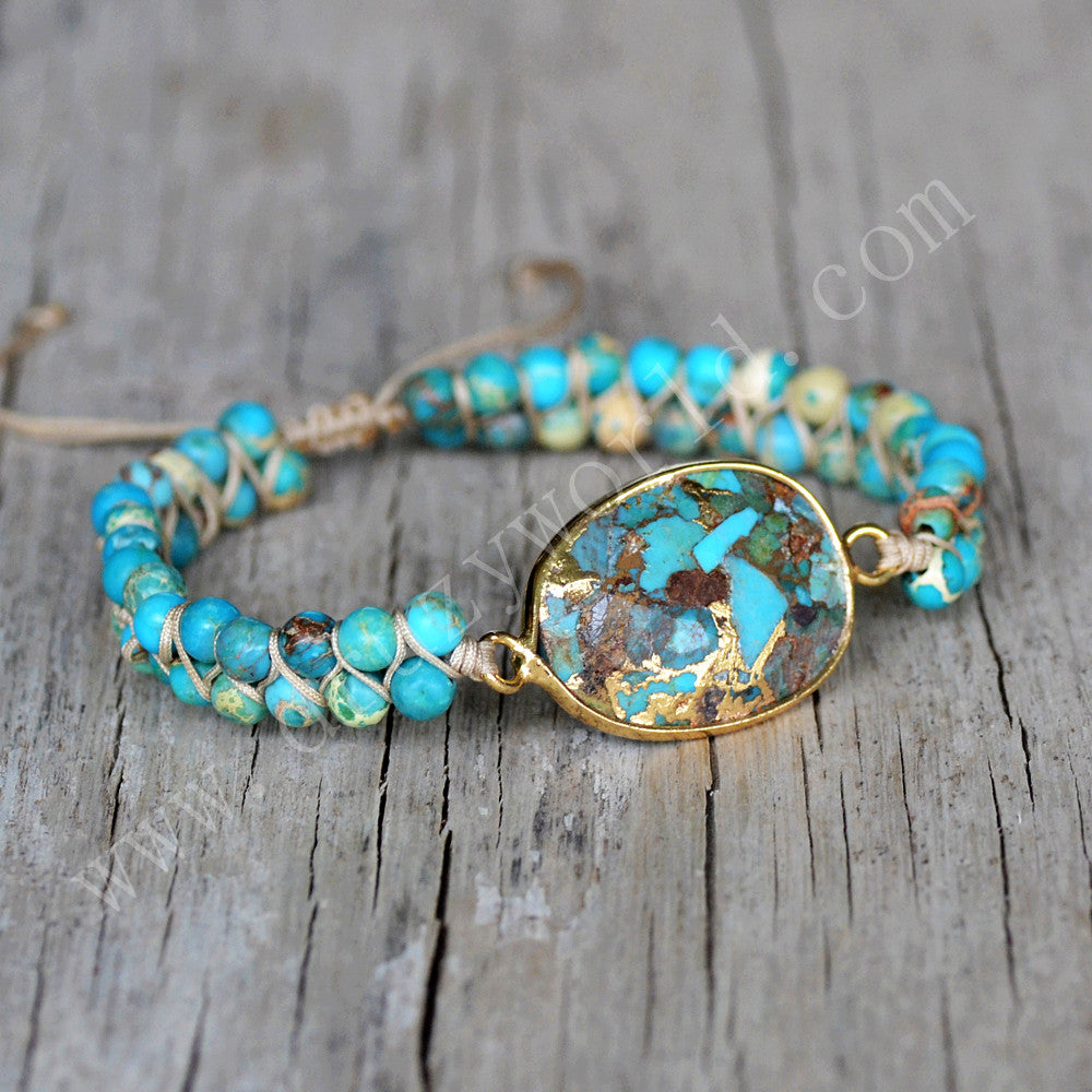 Adjustment Gold Plated Copper Turquoise 4mm Beads Wire Wrap Bracelet HD0291
