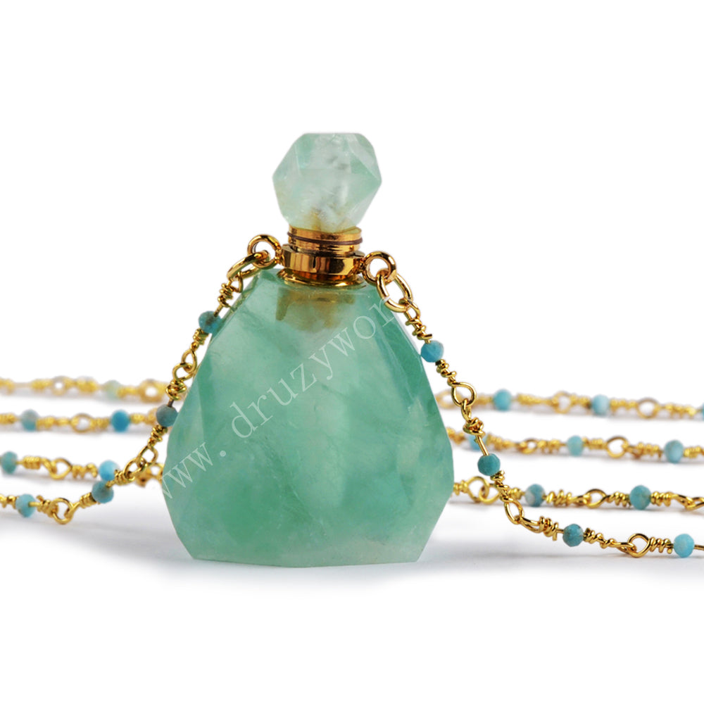 26" Gold Rainbow Natural Gemstone Perfume Bottle Necklace, Healing Crystal Stone Bottles, 3mm Gemstone Bead Roary Chain, Boho Jewelry HD0091