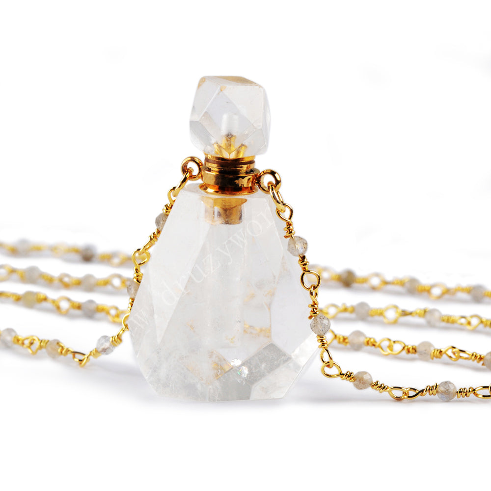 26" Gold Rainbow Natural Gemstone Perfume Bottle Necklace, 3mm Crystal Quartz Beads Roary Chain, Boho Jewelry Necklace HD0091