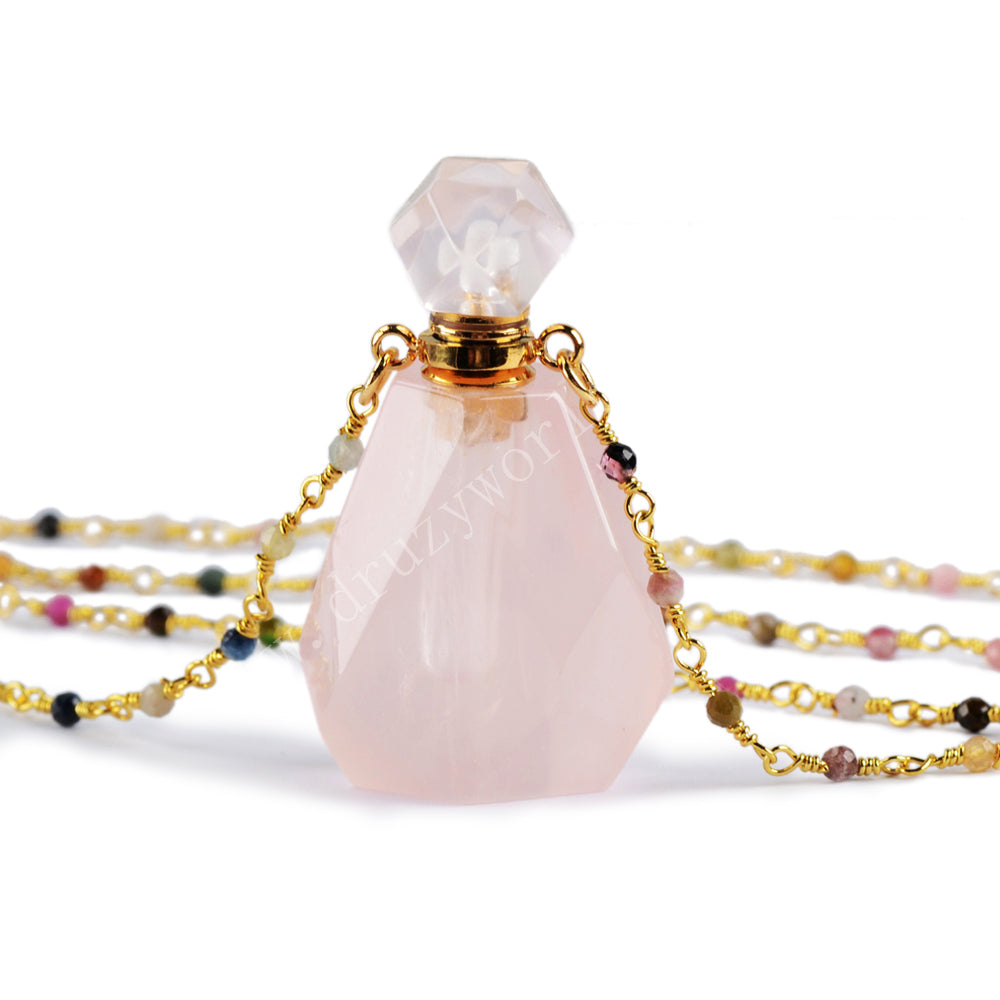 Gold Gemstone Rose Quartz Perfume Bottle Gift Semi Precious Stone Arts