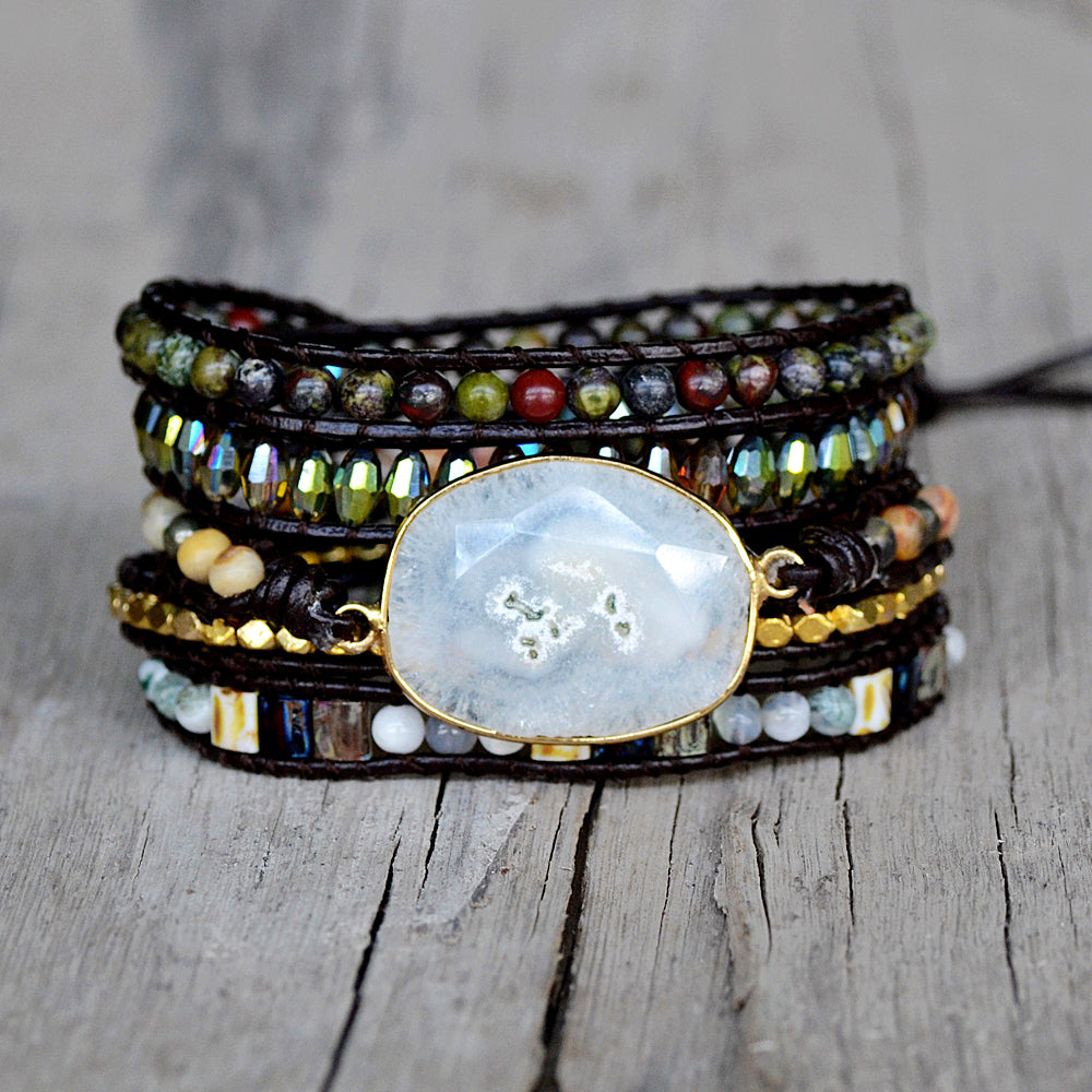 Gold Faceted White Solar Quartz 4mm Stone Beads Layers Leather Wrap Bracelet, Handmade Boho Jewelry HD0265
