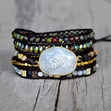 Gold Faceted White Solar Quartz 4mm Stone Beads Layers Leather Wrap Bracelet, Handmade Boho Jewelry HD0265