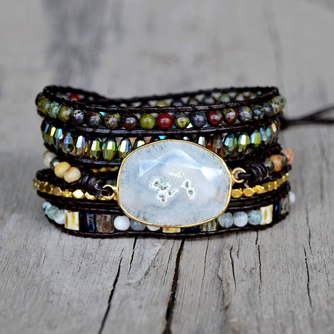Gold Faceted White Solar Quartz 4mm Stone Beads Layers Leather Wrap Bracelet, Handmade Boho Jewelry HD0265