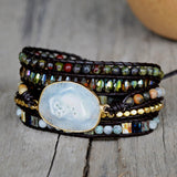 Gold Faceted White Solar Quartz 4mm Stone Beads Layers Leather Wrap Bracelet, Handmade Boho Jewelry HD0265