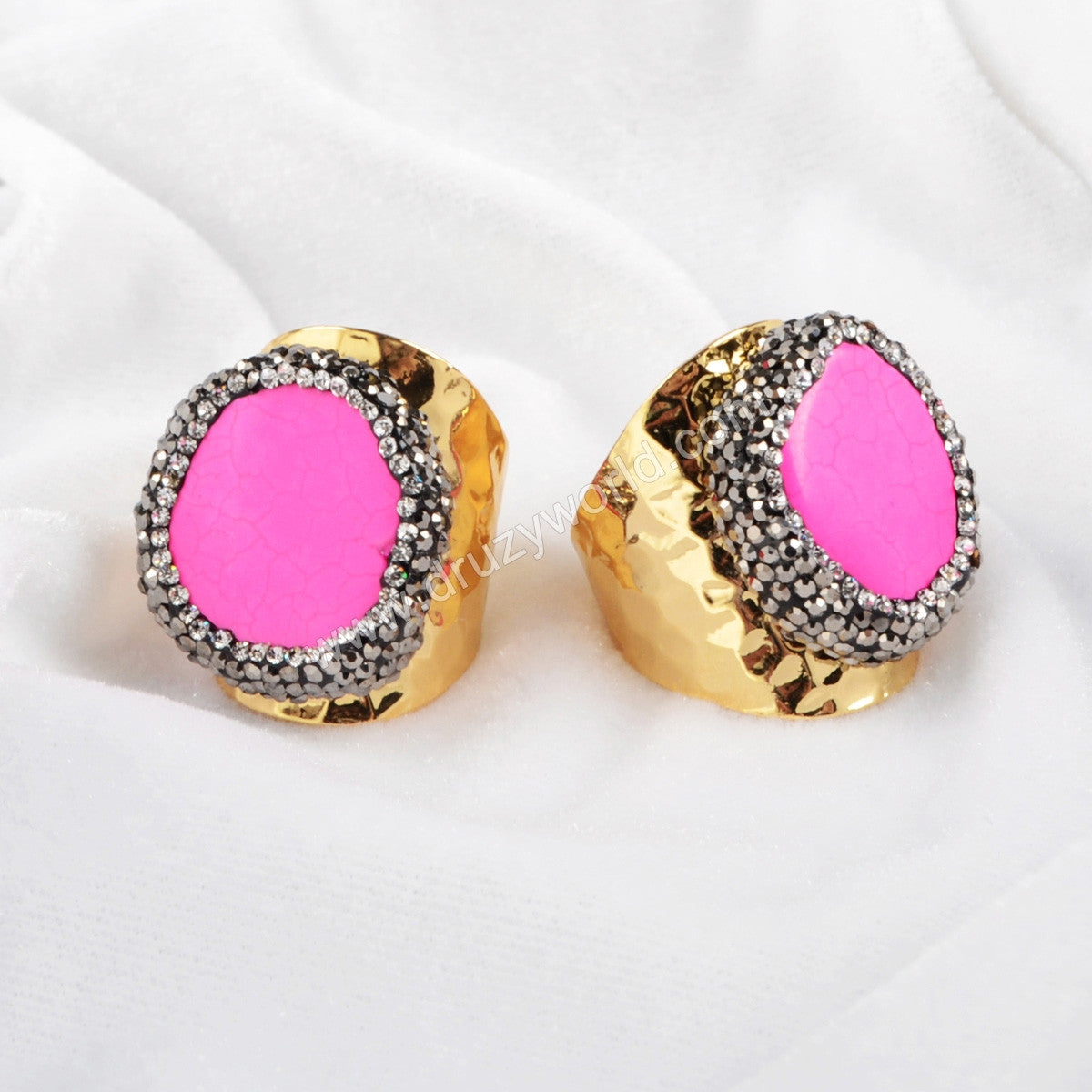 Gold Plated Blue Pink Howlite Turquoise Ring With Rhinestone Pave JAB101