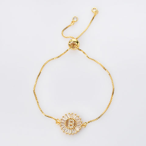 Round Gold Plated CZ Initial Letter Bracelet, Zircon Bracelet, Skinny Box Chain, Adjustable AL579