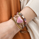 Rhodonite Big Heart 4mm Crystal Stone Beads 3-Layers Leather Wrap Bracelet, Handmade Boho Jewelry HD0373
