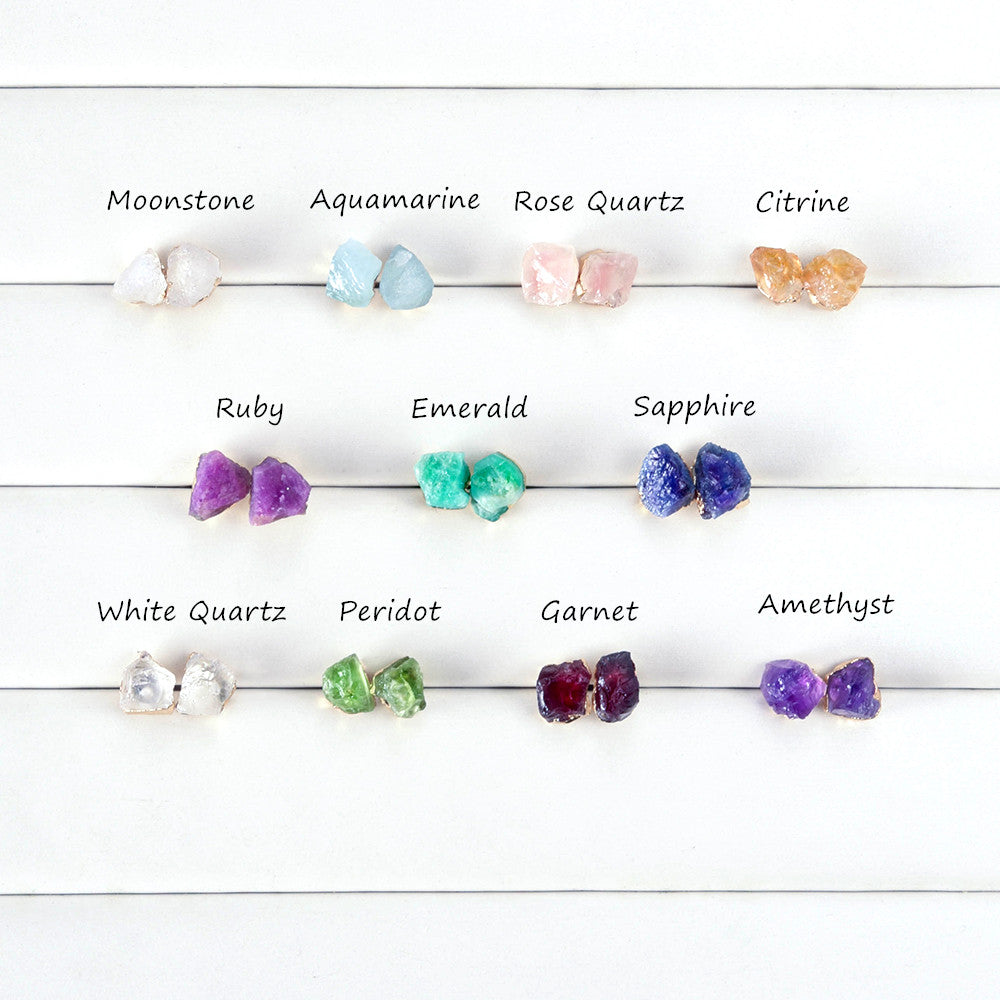 Gold Plated Raw Gemstone Stud Earrings, Peridot Ruby Garnet Aquamarine Crystal Healing Stone Jewelry Studs BT017