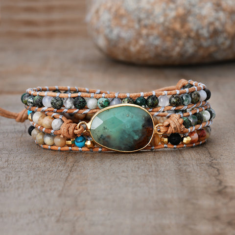 Gold Faceted Australia Jade 4mm Stone Beads Layers Leather Wrap Bracelet, Handmade Boho Jewelry HD0339