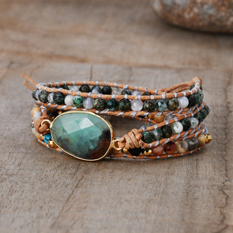 Gold Faceted Australia Jade 4mm Stone Beads Layers Leather Wrap Bracelet, Handmade Boho Jewelry HD0339