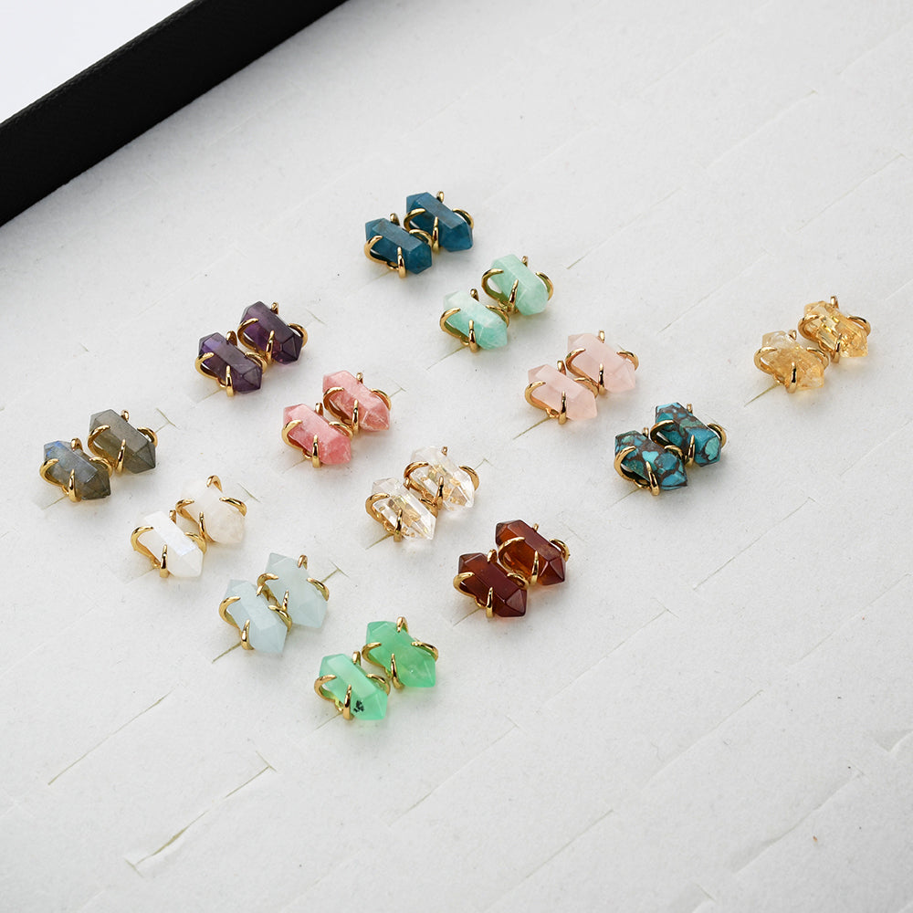 Tiny Hexagon Gold Plated Claw Rainbow Natural Gemstone Stud Earrings,