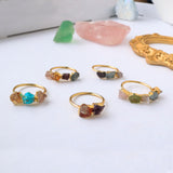 Gold Plated Brass Multi Rainbow Gemstone Ring, Raw Crystal Stone Statement Ring, Birthstone Ring, Healing Jewelry BT004