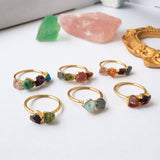 Gold Plated Brass Multi Rainbow Gemstone Ring, Raw Crystal Stone Statement Ring, Birthstone Ring, Healing Jewelry BT004