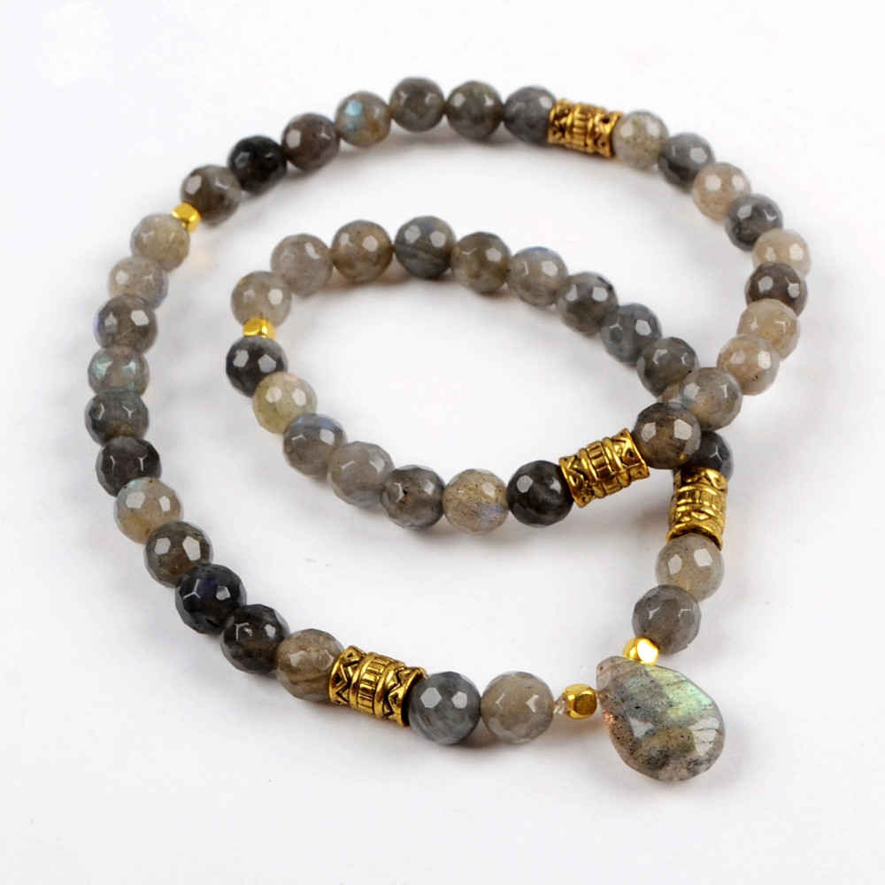Teardrop Natural Labradorite Faceted With 5mm Labradorite Beads Bracelet G1843