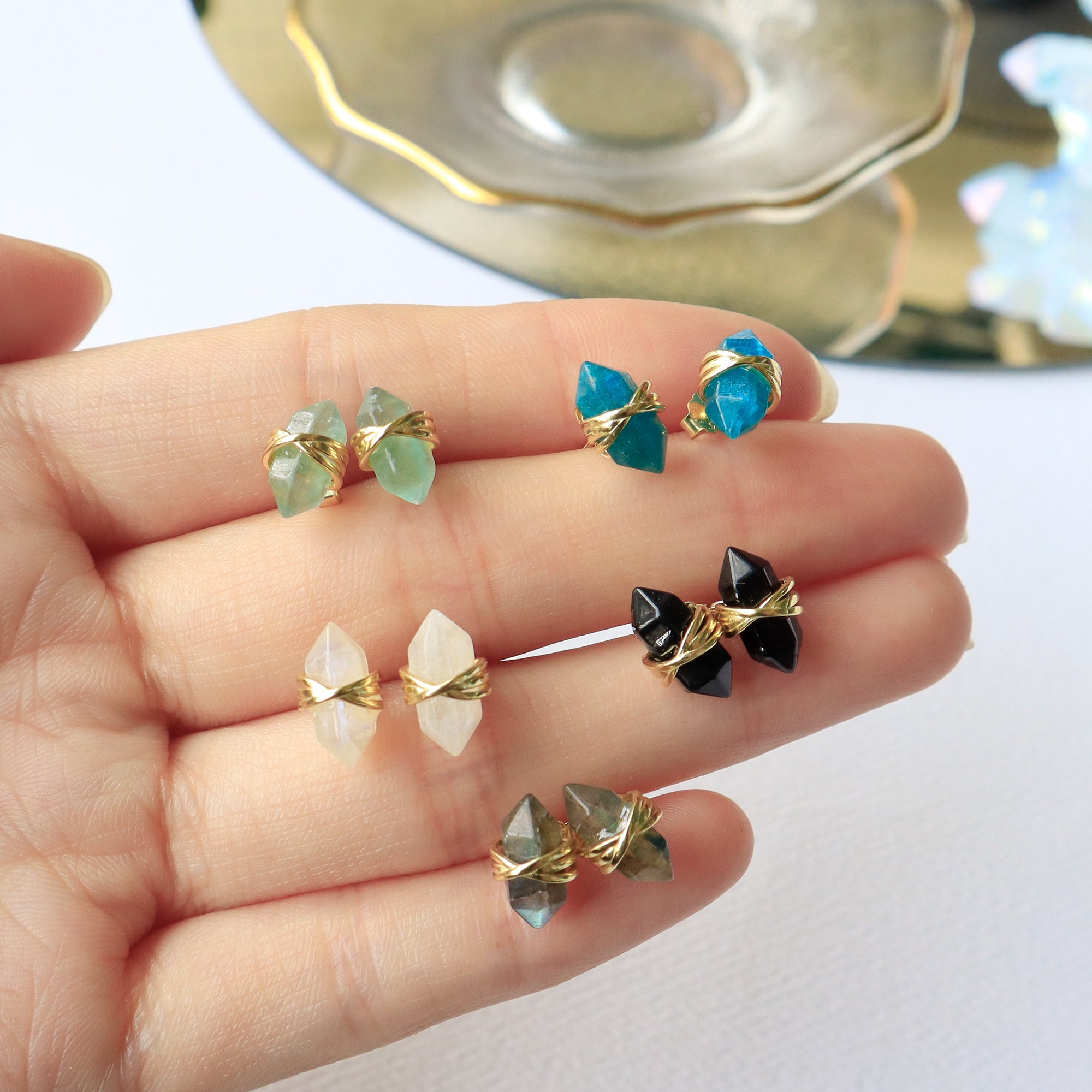 Gold Plated Hexagon Point Birthstone Stud Earrings, Tiny Natural Gemstone Earrings, Healing Crystal Post Earrings Jewelry BT001