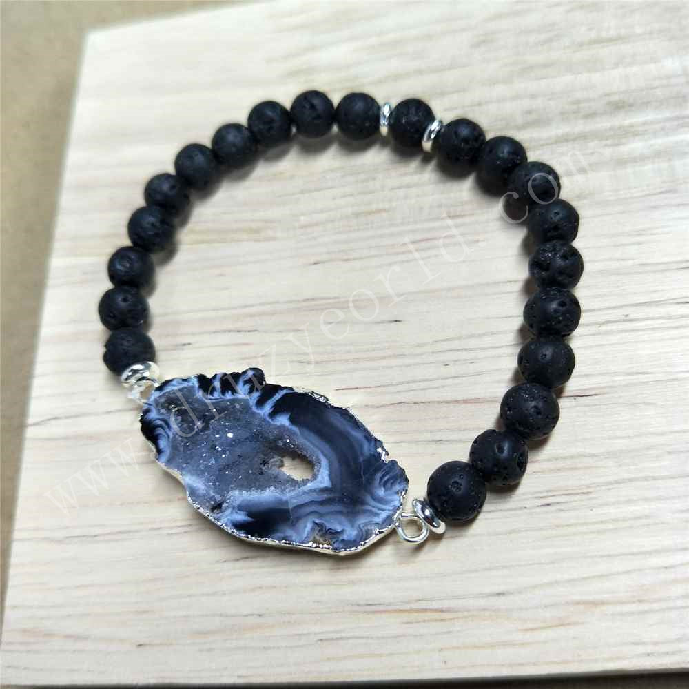 Silver Plated Onyx Druzy Agate Slice 6mm Lava Stone Bead Stretch Bracelet HD0248