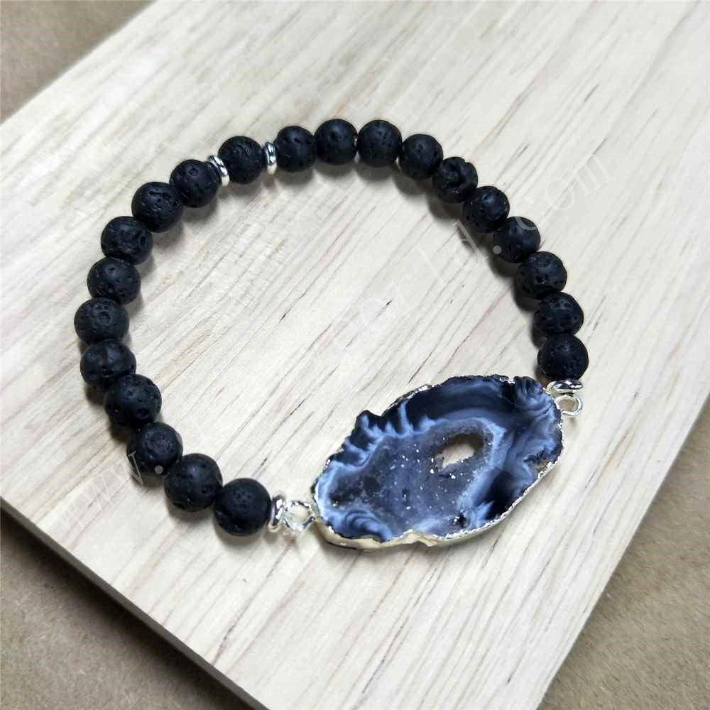 Silver Plated Onyx Druzy Agate Slice 6mm Lava Stone Bead Stretch Bracelet HD0248