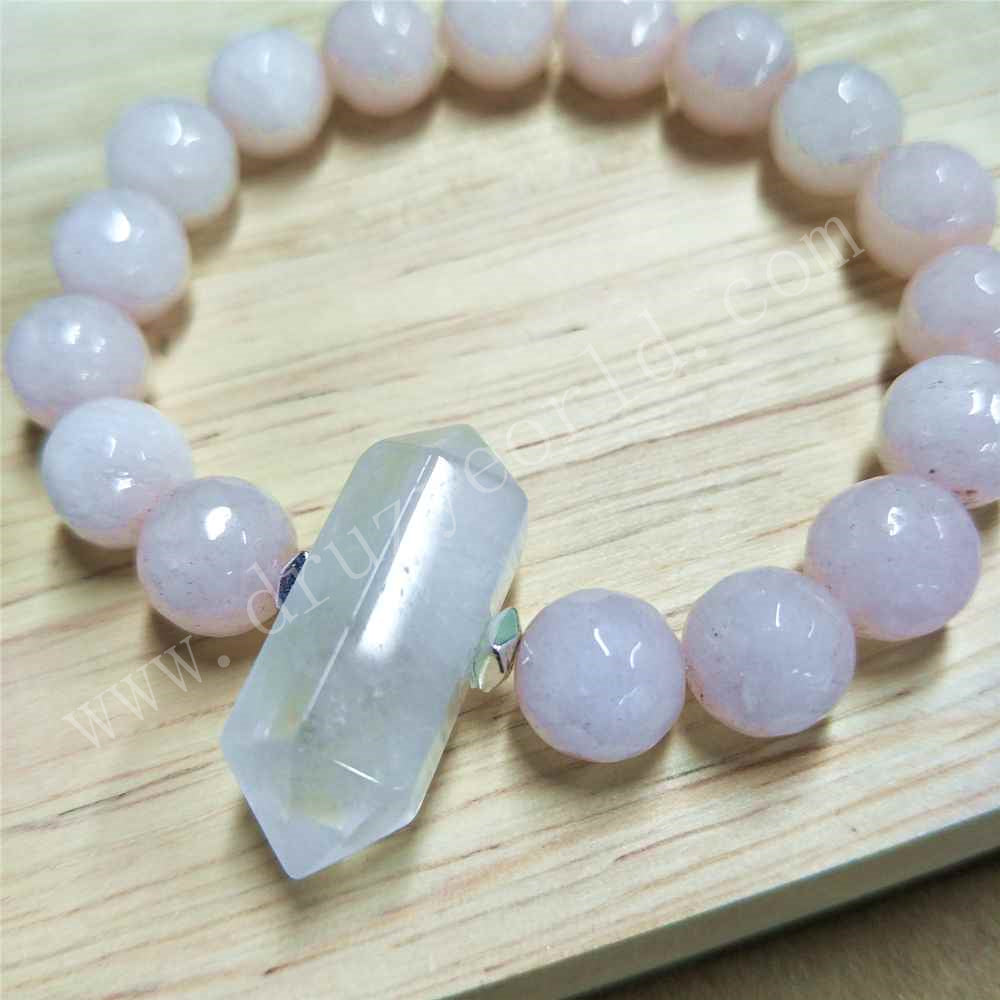 White Crystal Point 10mm Rose Quartz Beads Stretch Bracelet For Women HD0249