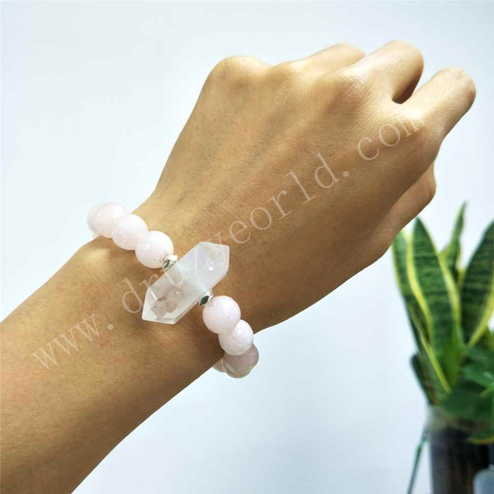White Crystal Point 10mm Rose Quartz Beads Stretch Bracelet For Women HD0249