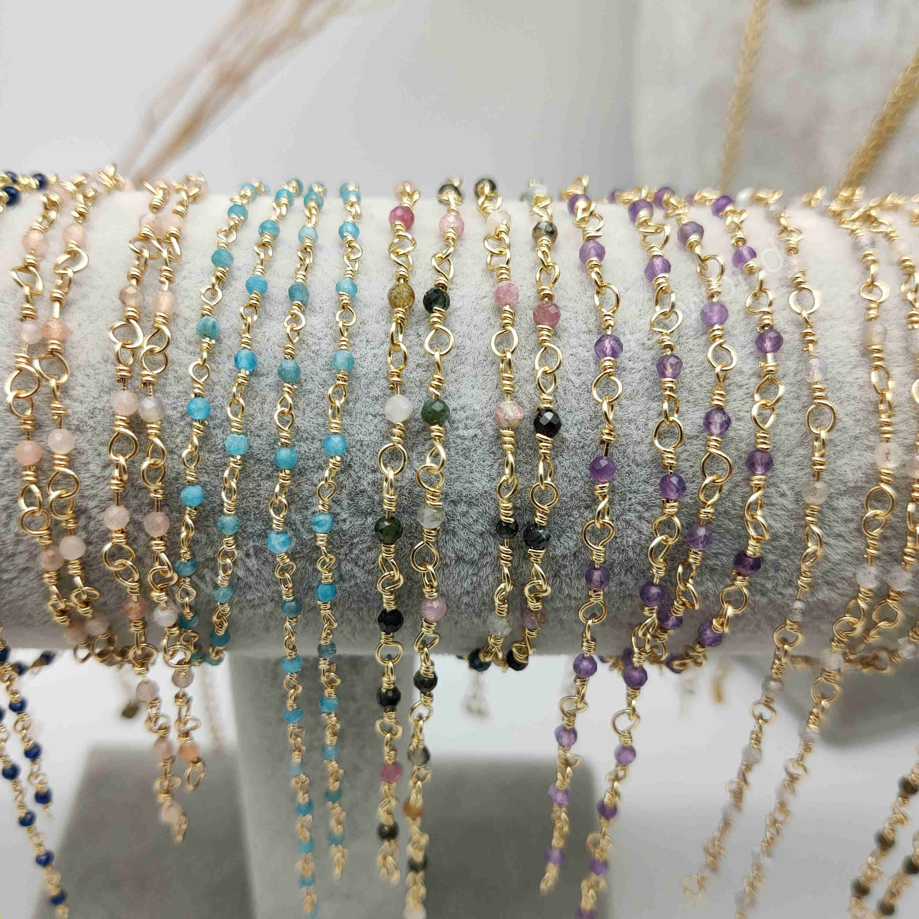 Gold Plated Brass Natural Gemstone Bead Chain Necklace 3mm Faceted Beads Amethyst Labradorite Fluorite Crystal Stone Rosary Chain Bottle Necklaces For Jewelry Making JT245-N