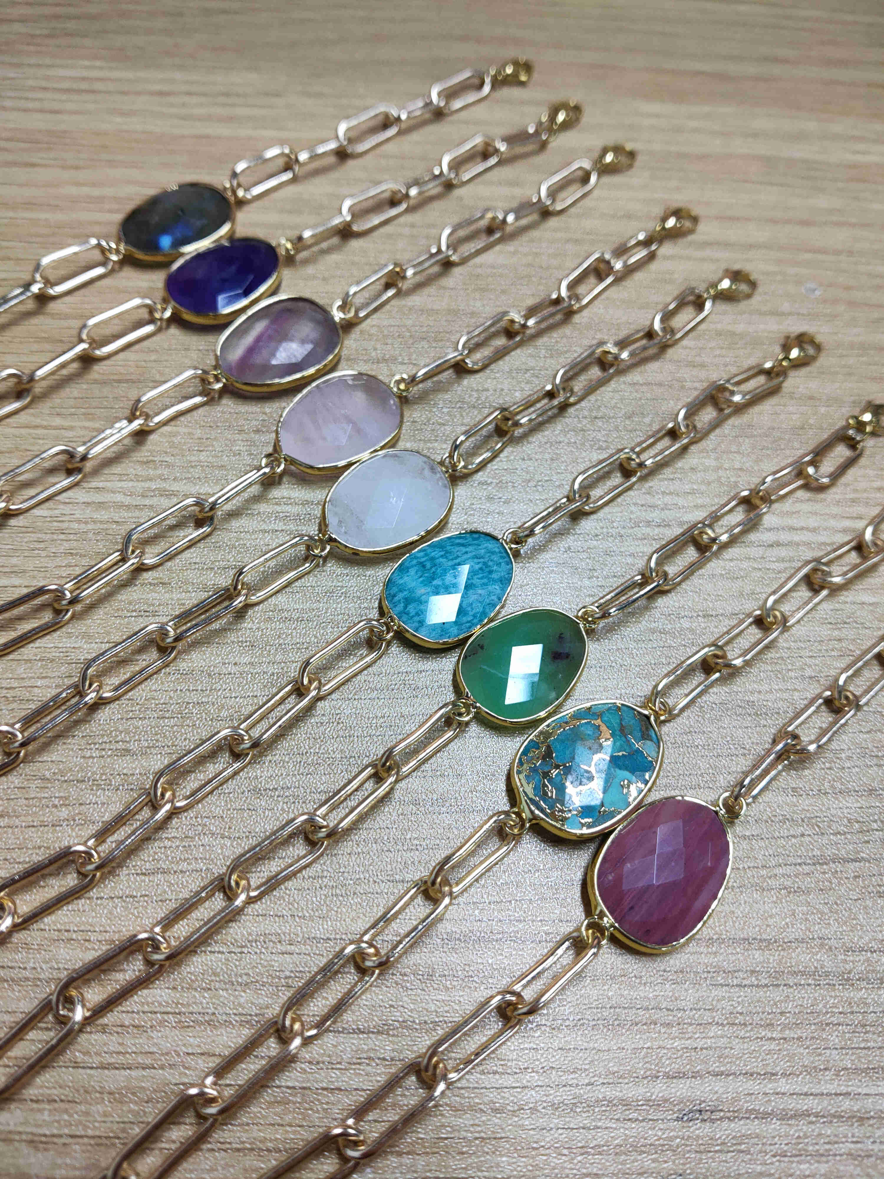 Gold Plated Oval Natural Gemstone Faceted Bracelet Paperclip Chain Crystal Bracelet Jewelry AL461