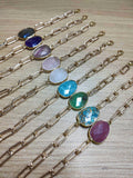 Gold Plated Oval Natural Gemstone Faceted Bracelet Paperclip Chain Crystal Bracelet Jewelry AL461