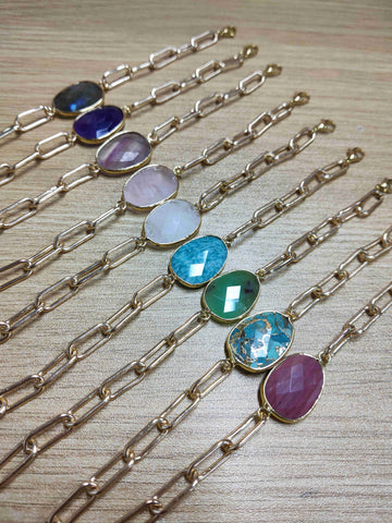 Gold Plated Oval Natural Gemstone Faceted Bracelet Paperclip Chain Crystal Bracelet Jewelry AL461