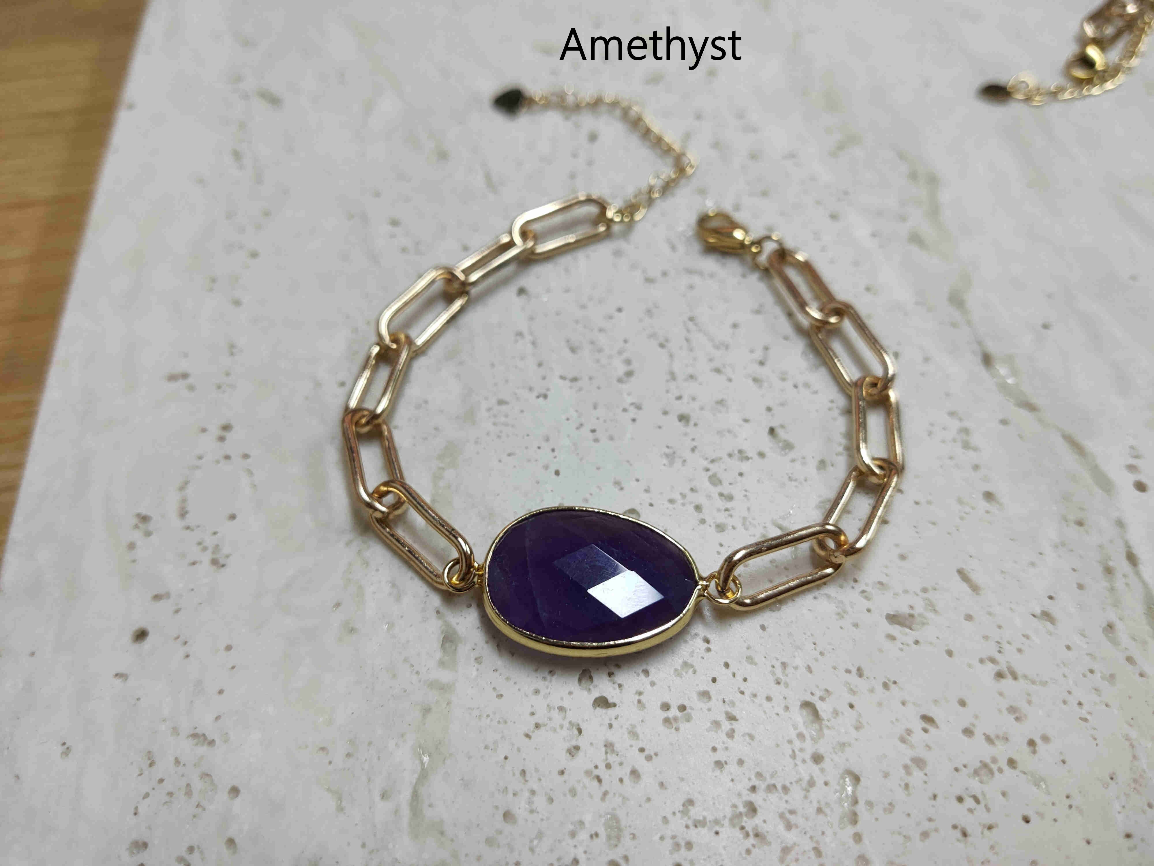 Gold Plated Oval Natural Gemstone Faceted Bracelet Paperclip Chain Crystal Bracelet Jewelry AL461