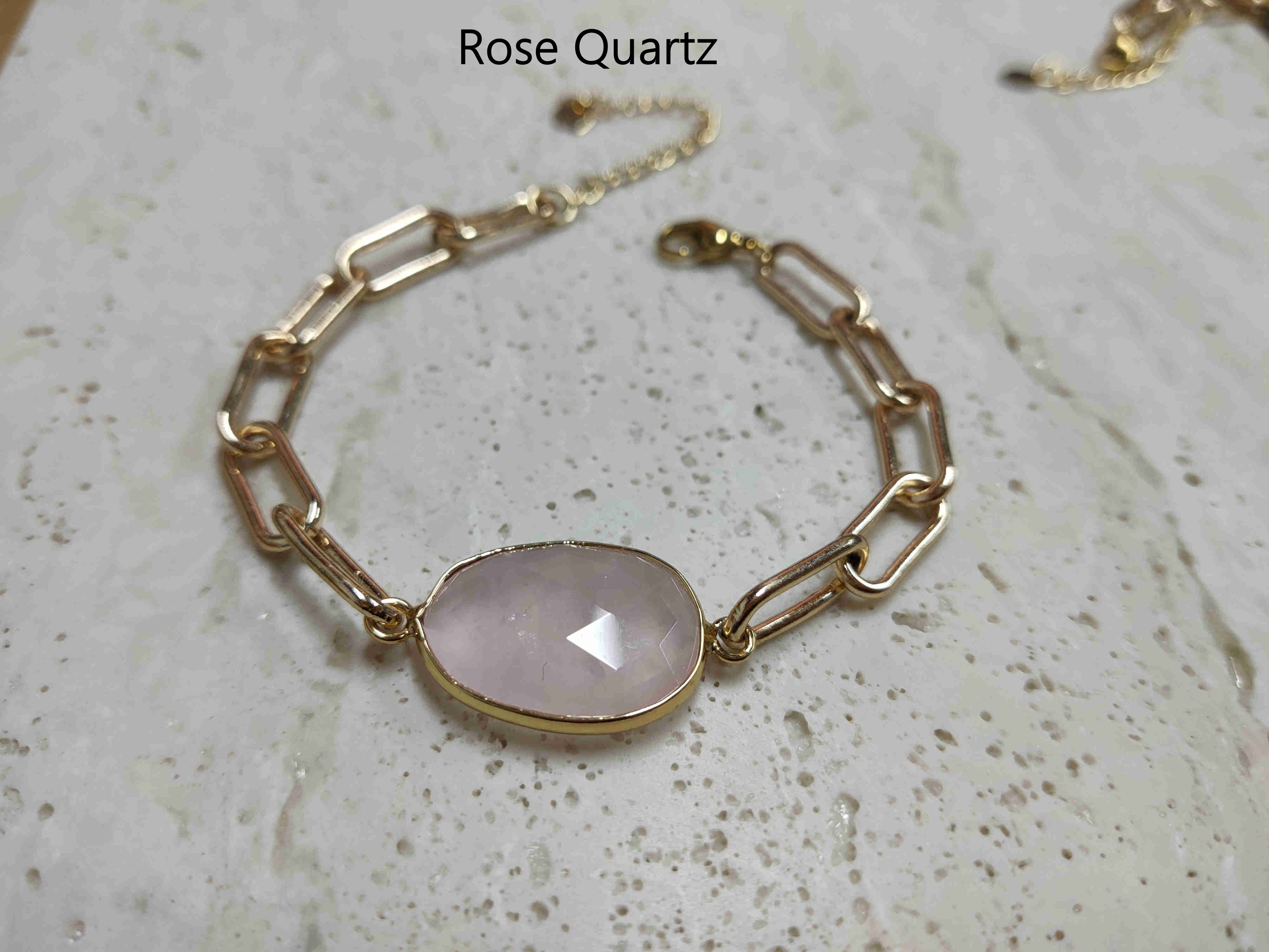 Gold Plated Oval Natural Gemstone Faceted Bracelet Paperclip Chain Crystal Bracelet Jewelry AL461