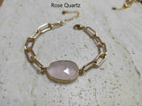 Gold Plated Oval Natural Gemstone Faceted Bracelet Paperclip Chain Crystal Bracelet Jewelry AL461