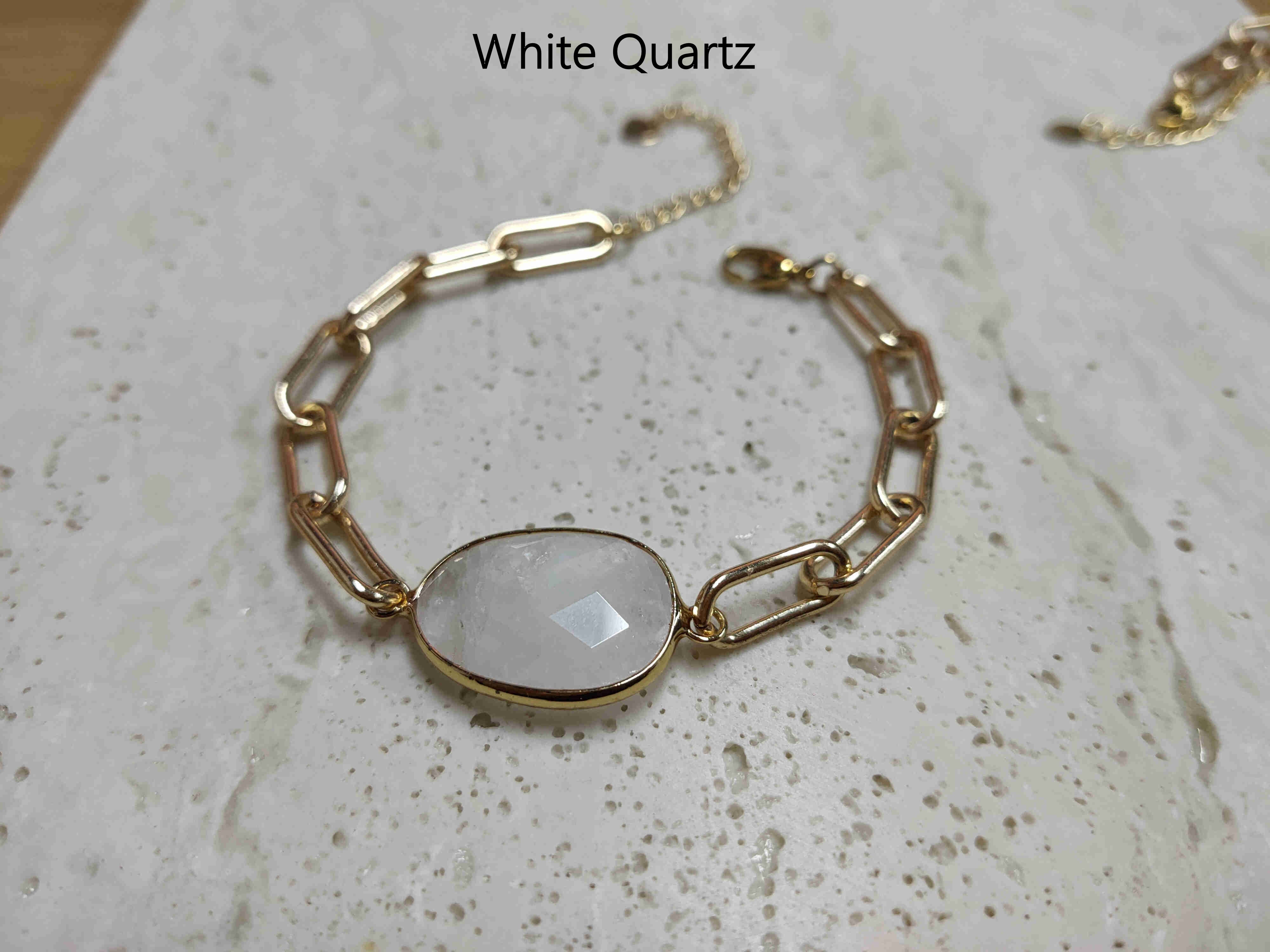 Gold Plated Oval Natural Gemstone Faceted Bracelet Paperclip Chain Crystal Bracelet Jewelry AL461