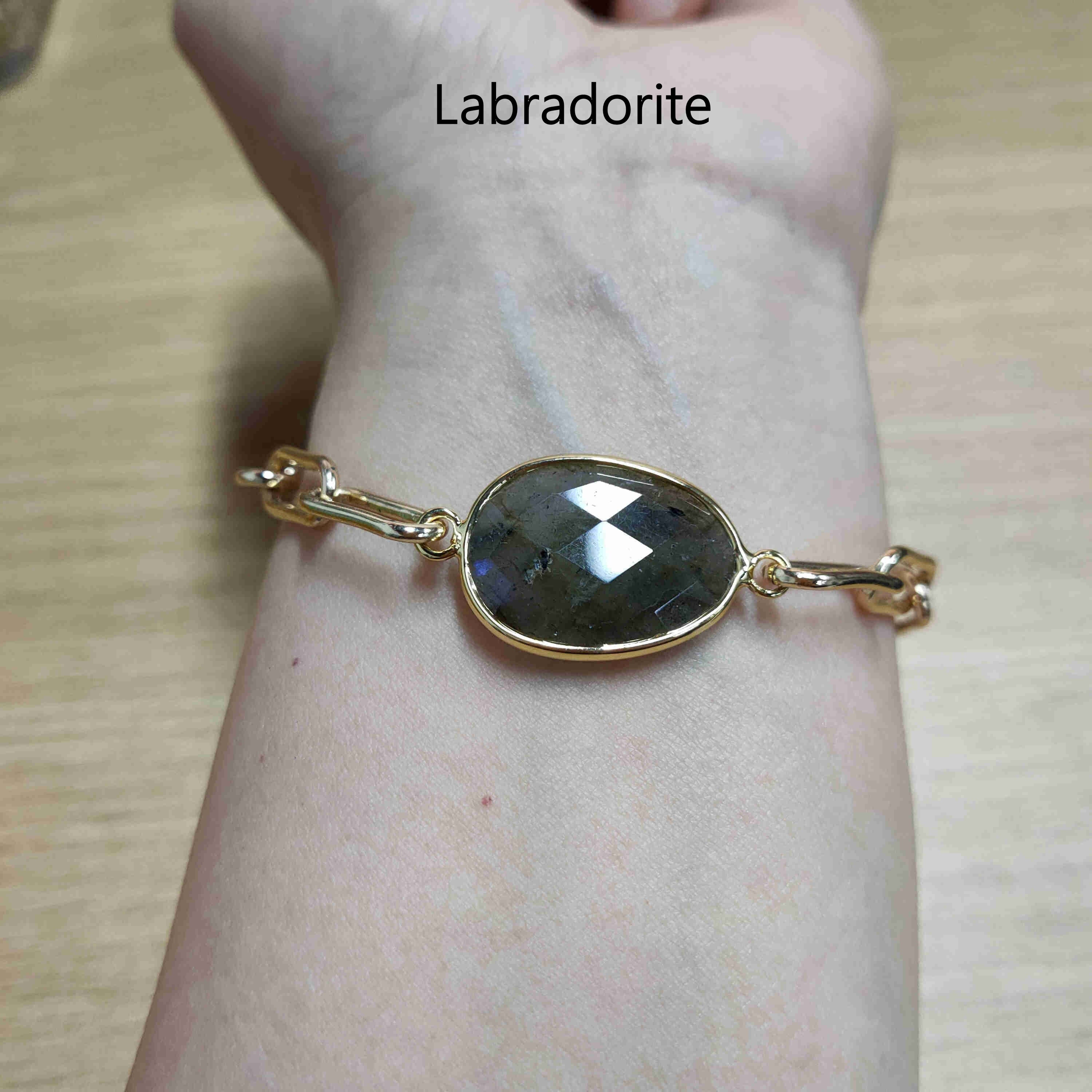 Gold Plated Oval Natural Gemstone Faceted Bracelet Paperclip Chain Crystal Bracelet Jewelry AL461