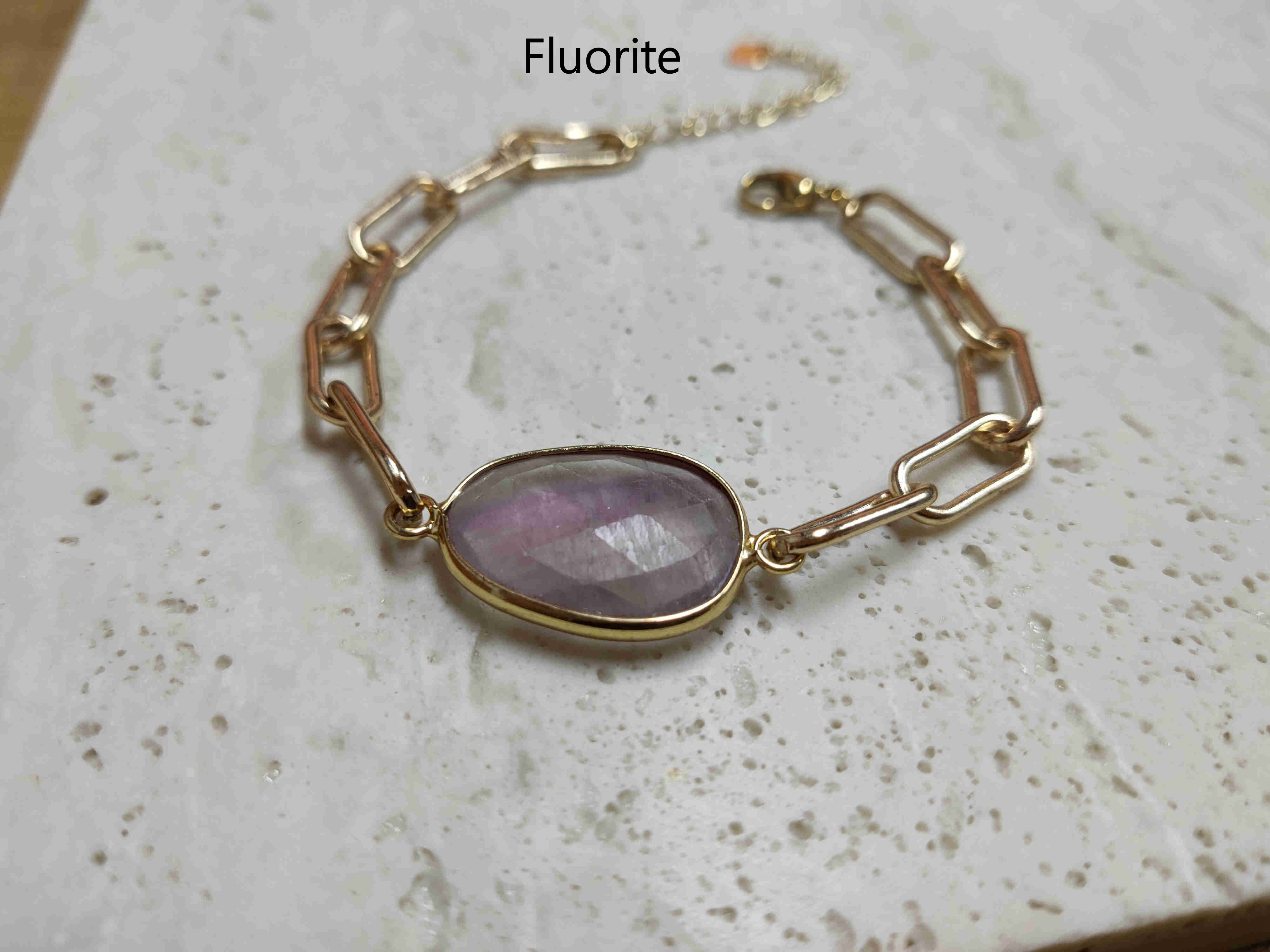 Gold Plated Oval Natural Gemstone Faceted Bracelet Paperclip Chain Crystal Bracelet Jewelry AL461