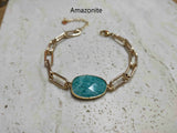 Gold Plated Oval Natural Gemstone Faceted Bracelet Paperclip Chain Crystal Bracelet Jewelry AL461
