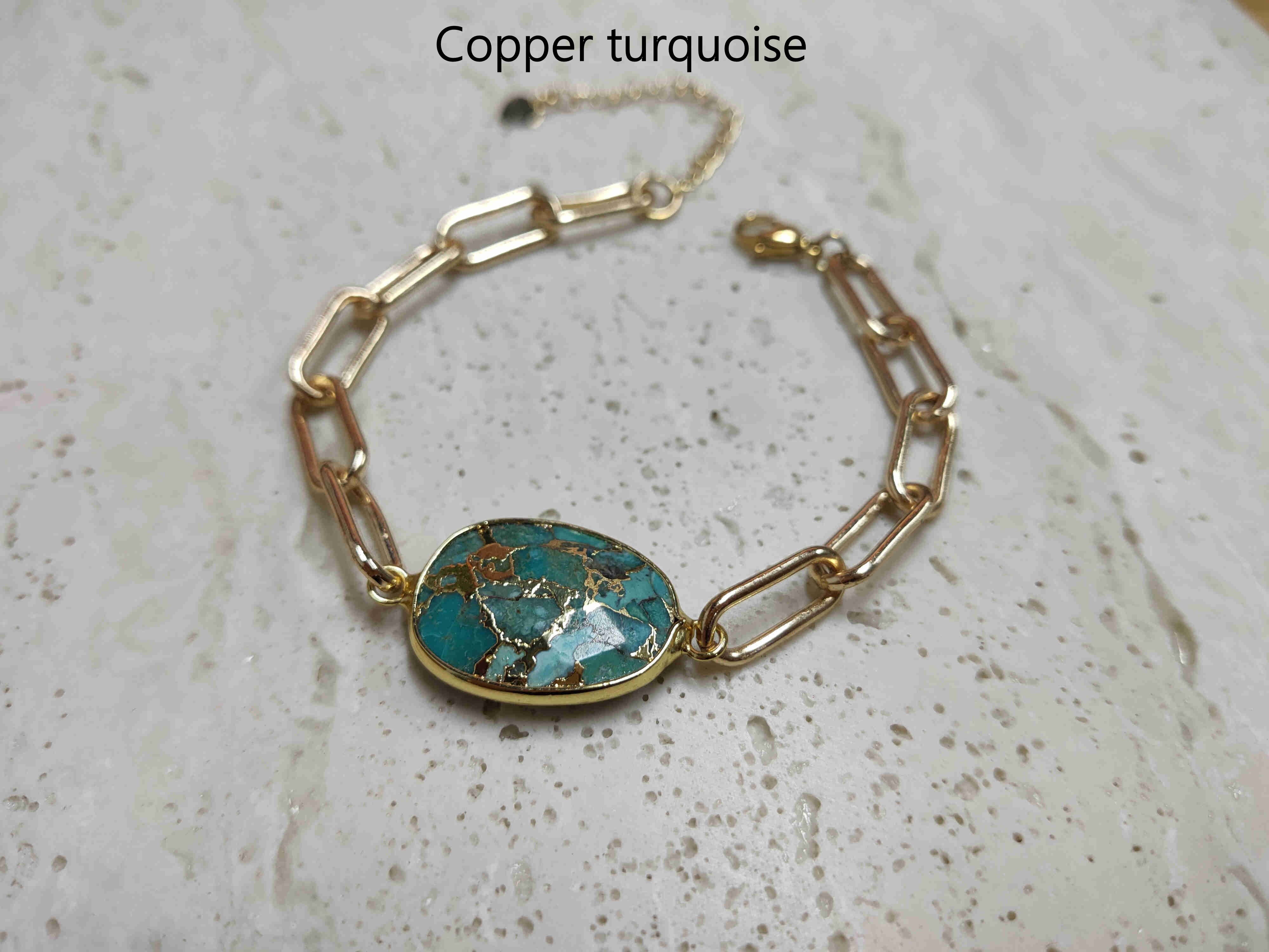 Gold Plated Oval Natural Gemstone Faceted Bracelet Paperclip Chain Crystal Bracelet Jewelry AL461