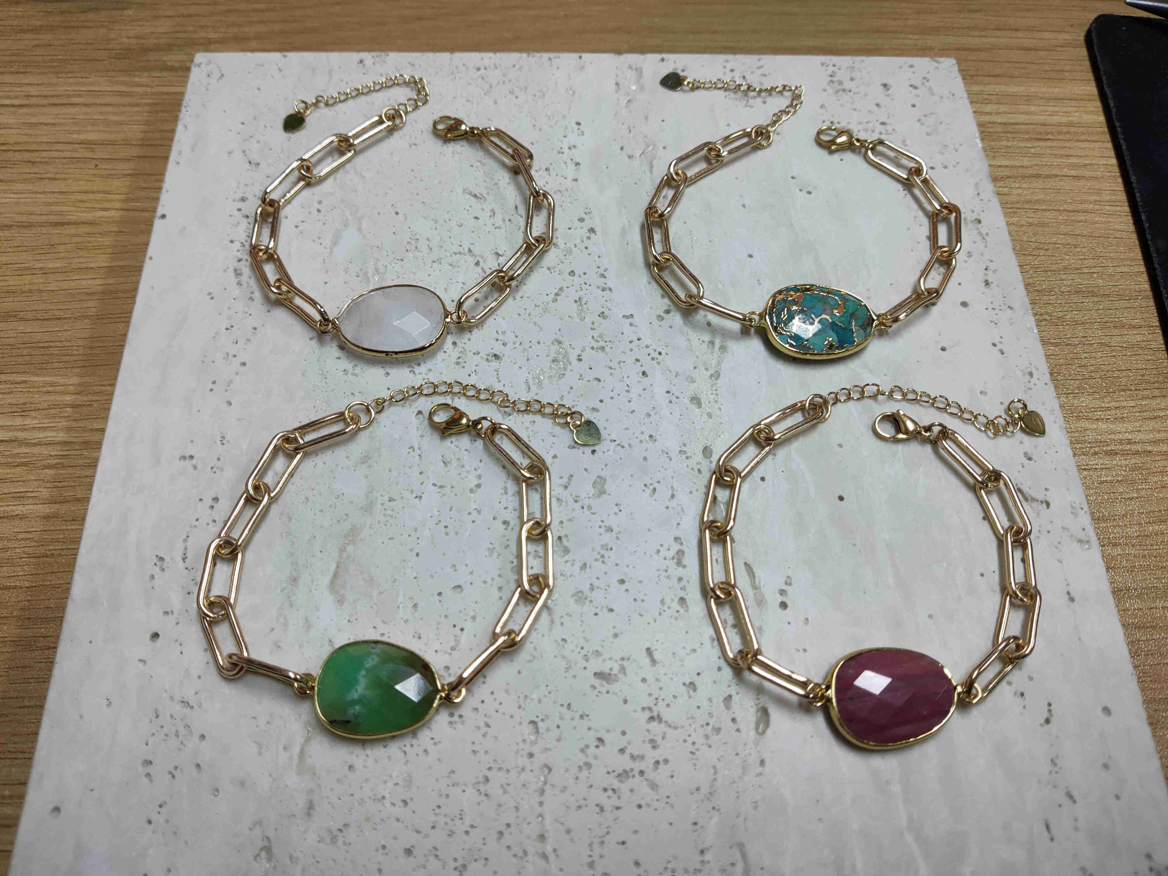 Gold Plated Oval Natural Gemstone Faceted Bracelet Paperclip Chain Crystal Bracelet Jewelry AL461