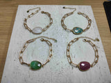 Gold Plated Oval Natural Gemstone Faceted Bracelet Paperclip Chain Crystal Bracelet Jewelry AL461