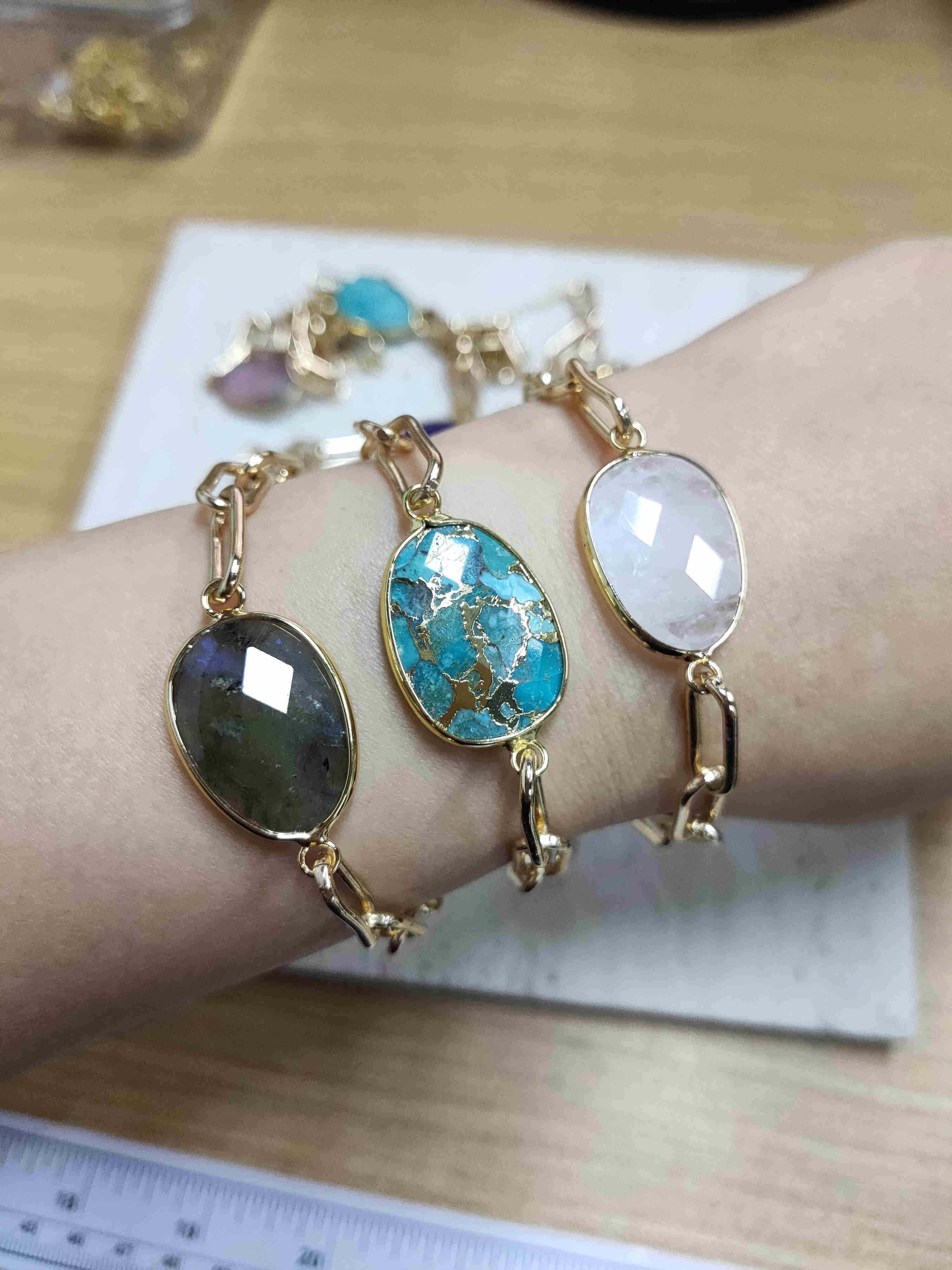 Gold Plated Oval Natural Gemstone Faceted Bracelet Paperclip Chain Crystal Bracelet Jewelry AL461