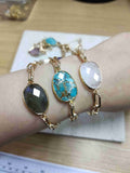 Gold Plated Oval Natural Gemstone Faceted Bracelet Paperclip Chain Crystal Bracelet Jewelry AL461