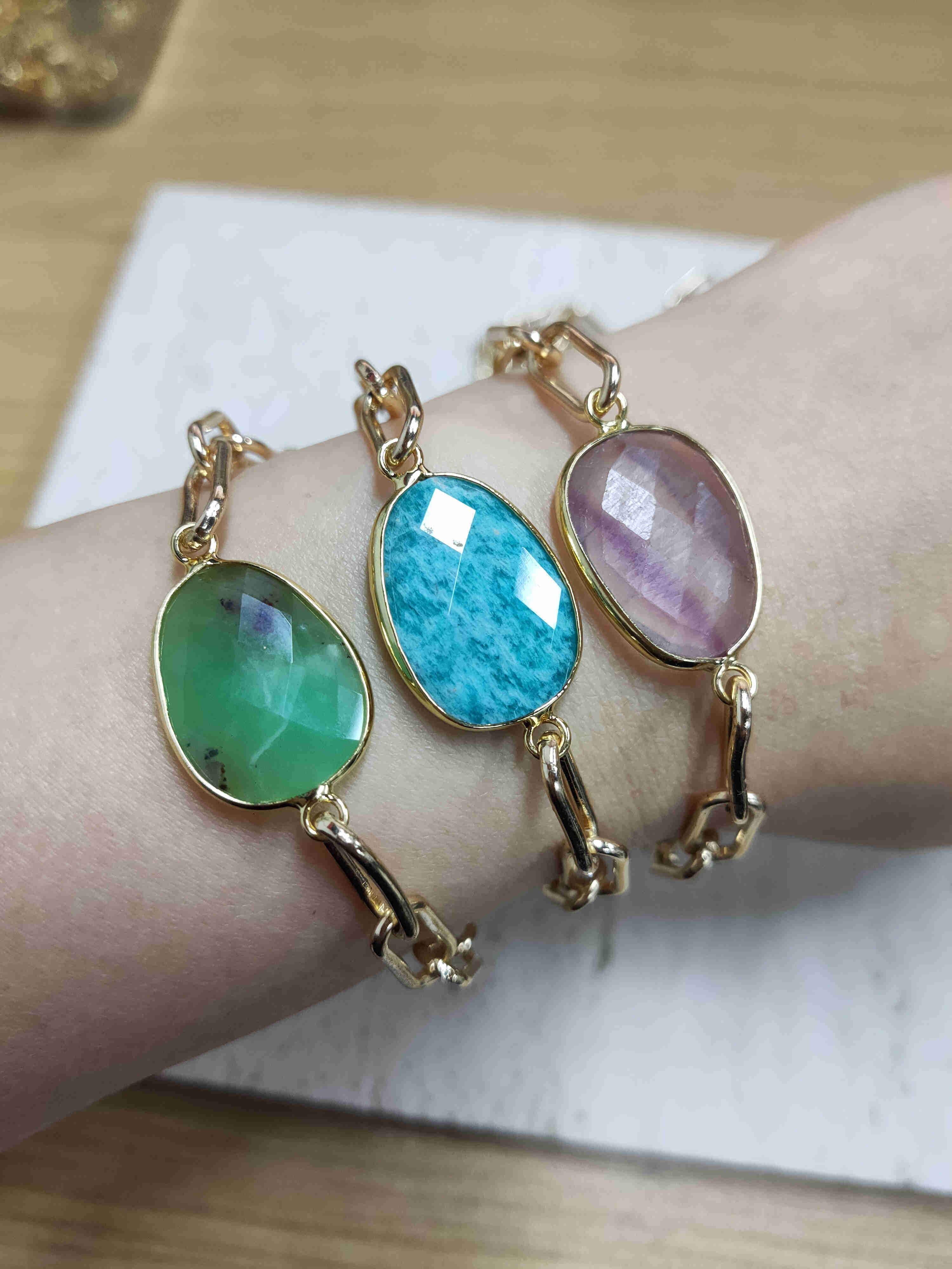 Gold Plated Oval Natural Gemstone Faceted Bracelet Paperclip Chain Crystal Bracelet Jewelry AL461